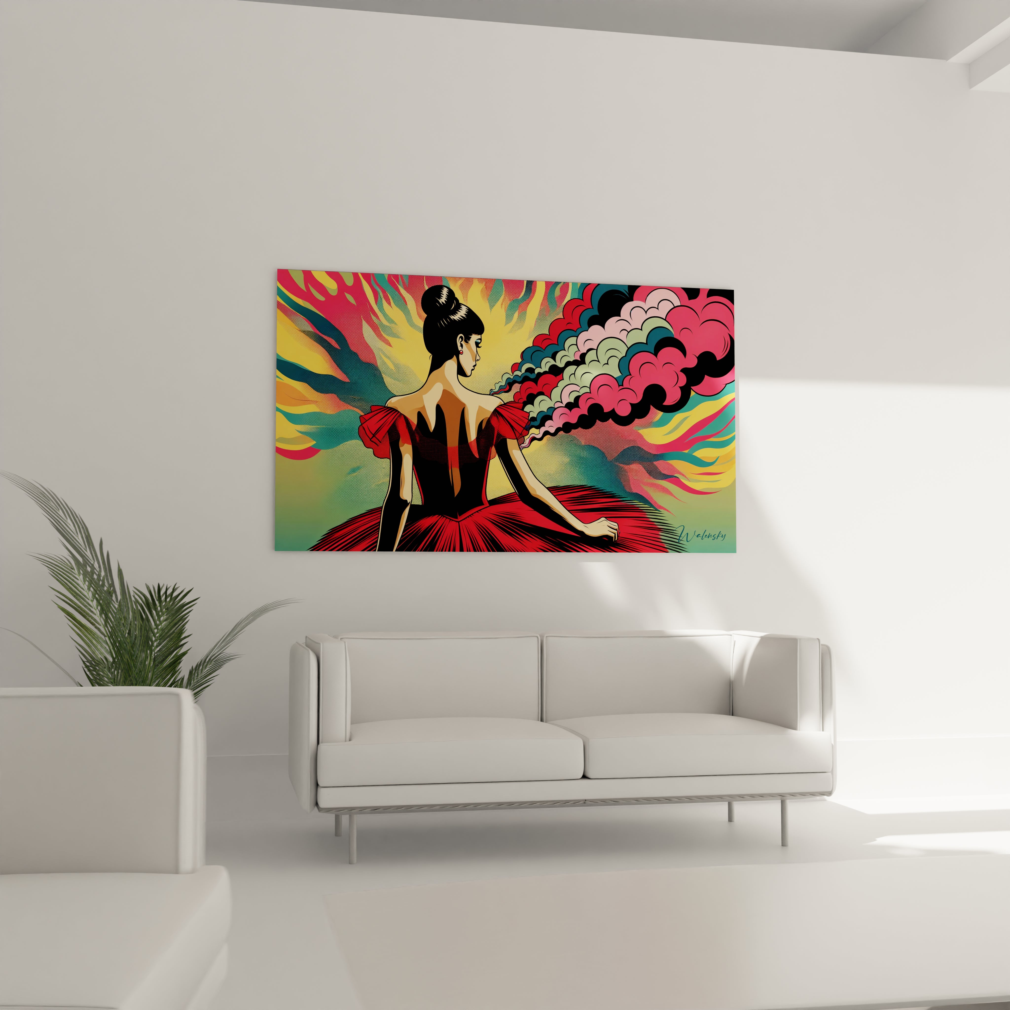 "Salon contemporain avec tableau en verre acrylique Pop Art / Rétro suspendu au-dessus du canapé. Art mural coloré et dynamique pour décoration intérieure de salon."