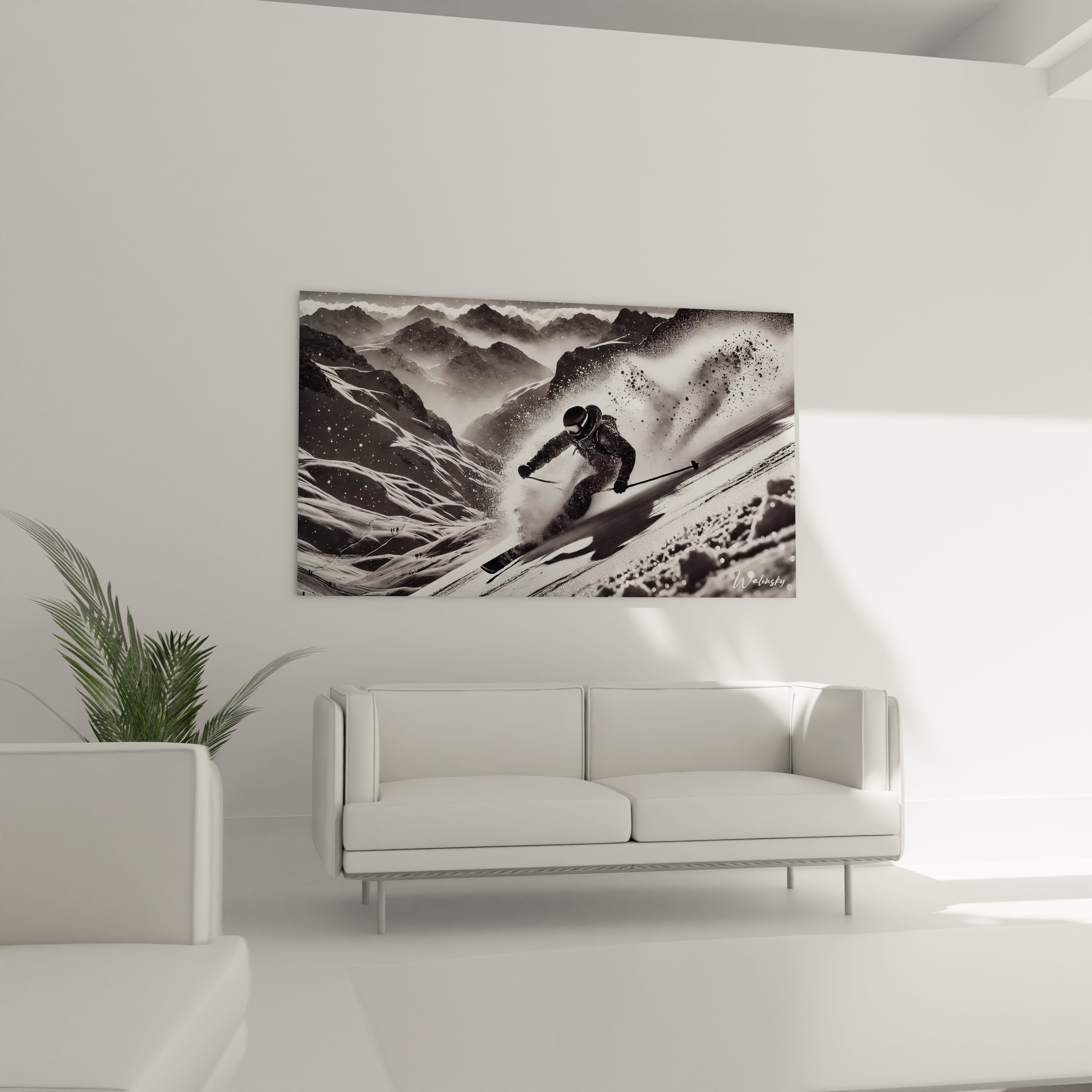 Tableau en verre acrylique noir et blanc de grande taille au-dessus d'un canapé - Décoration murale pour salon - Art contemporain et moderne - Collection géante d'œuvres d'art - Idée déco pour salon élégant.