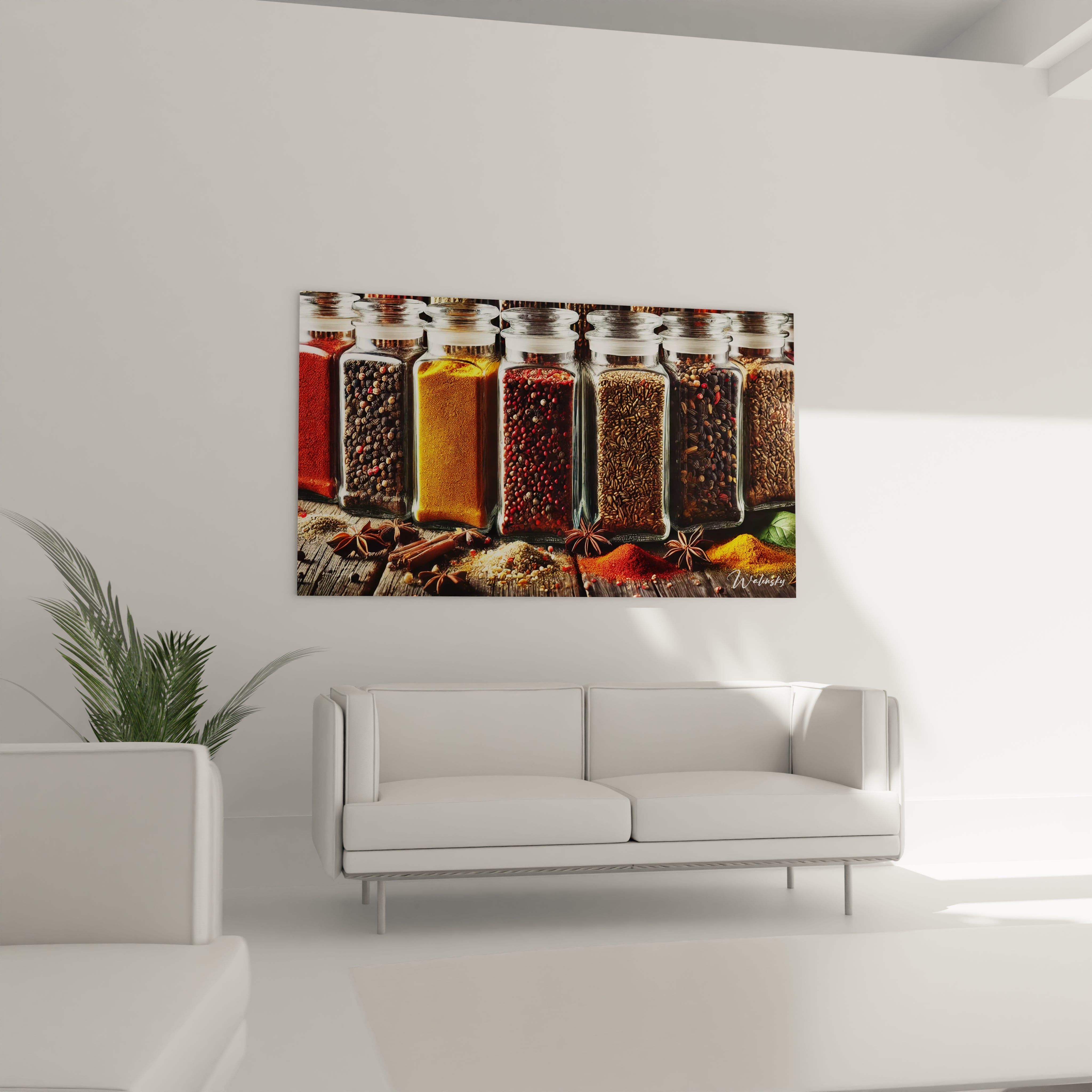 Tableau cuisine en verre acrylique au-dessus d'un canapé dans un salon - Art mural géant et contemporain - Décoration intérieure moderne pour salon - Tableau de grande taille et impression haute définition - Élément décoratif chic pour salon