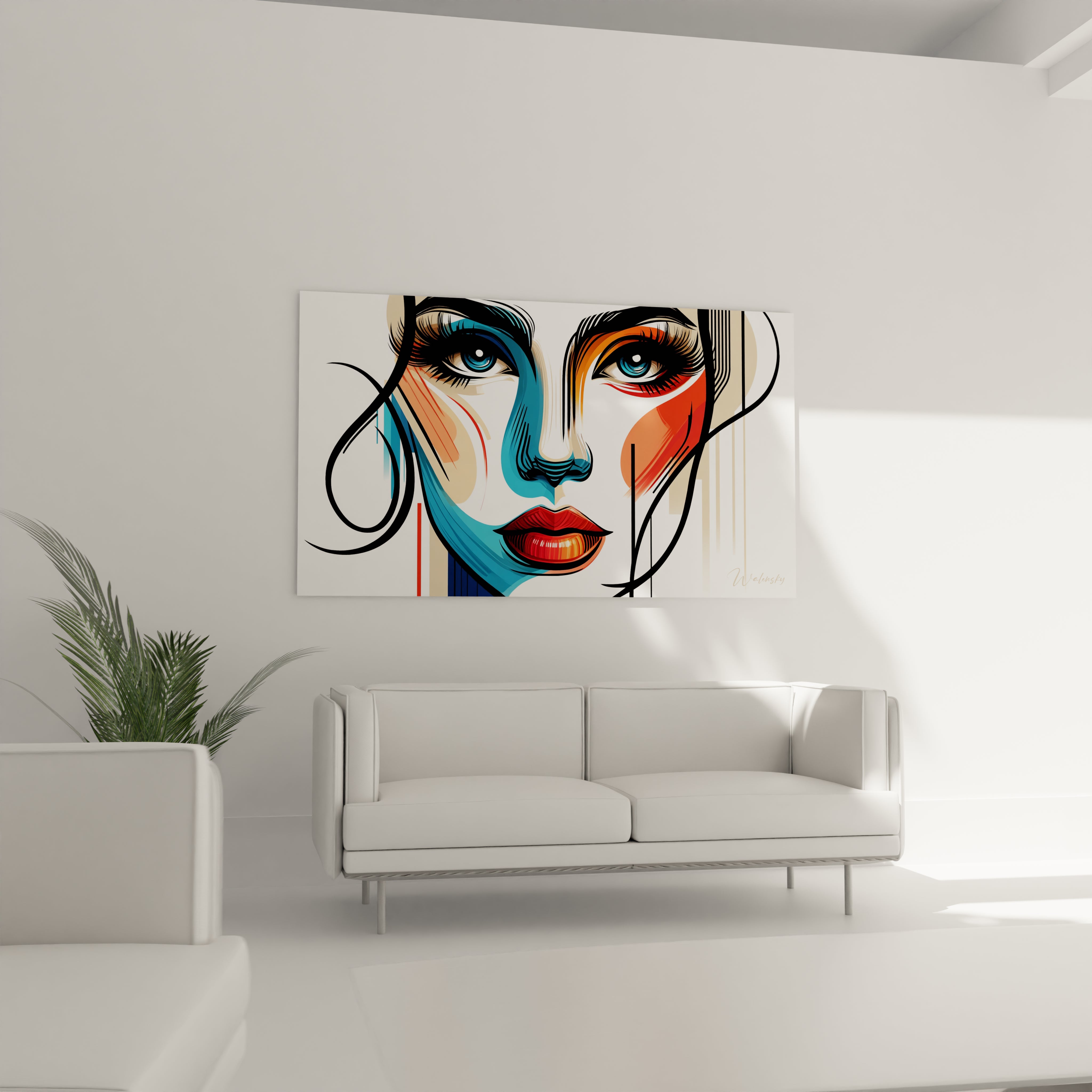 "Salon contemporain avec tableau en verre acrylique Pop Art / Rétro suspendu au-dessus du canapé. Art mural coloré et dynamique pour décoration intérieure de salon."