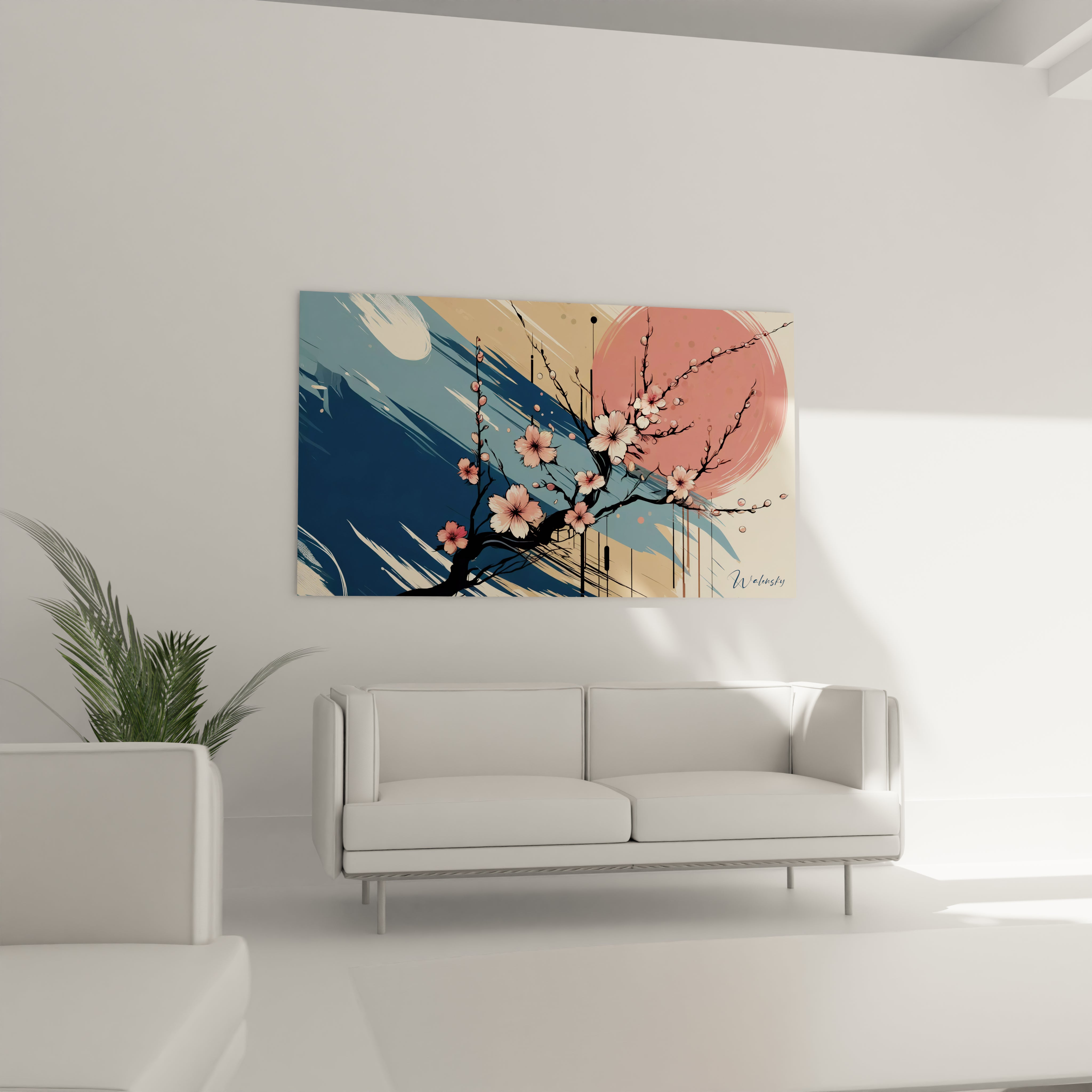 "Salon contemporain avec tableau en verre acrylique Japon / Asiatique suspendu au-dessus du canapé. Art mural inspiré de la culture asiatique, créant une ambiance paisible et élégante."