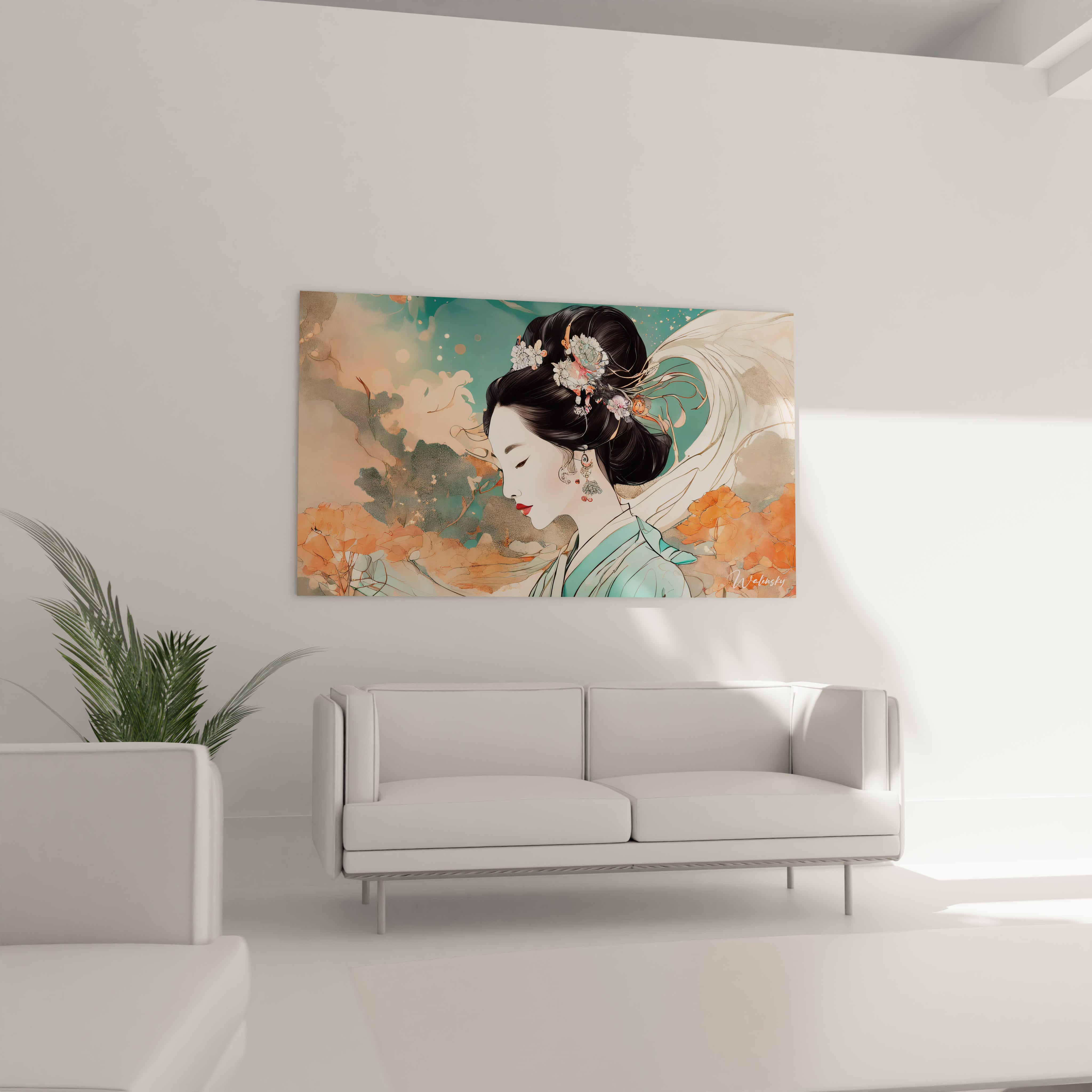 "Salon contemporain avec tableau en verre acrylique Japon / Asiatique suspendu au-dessus du canapé. Art mural inspiré de la culture asiatique, créant une ambiance paisible et élégante."