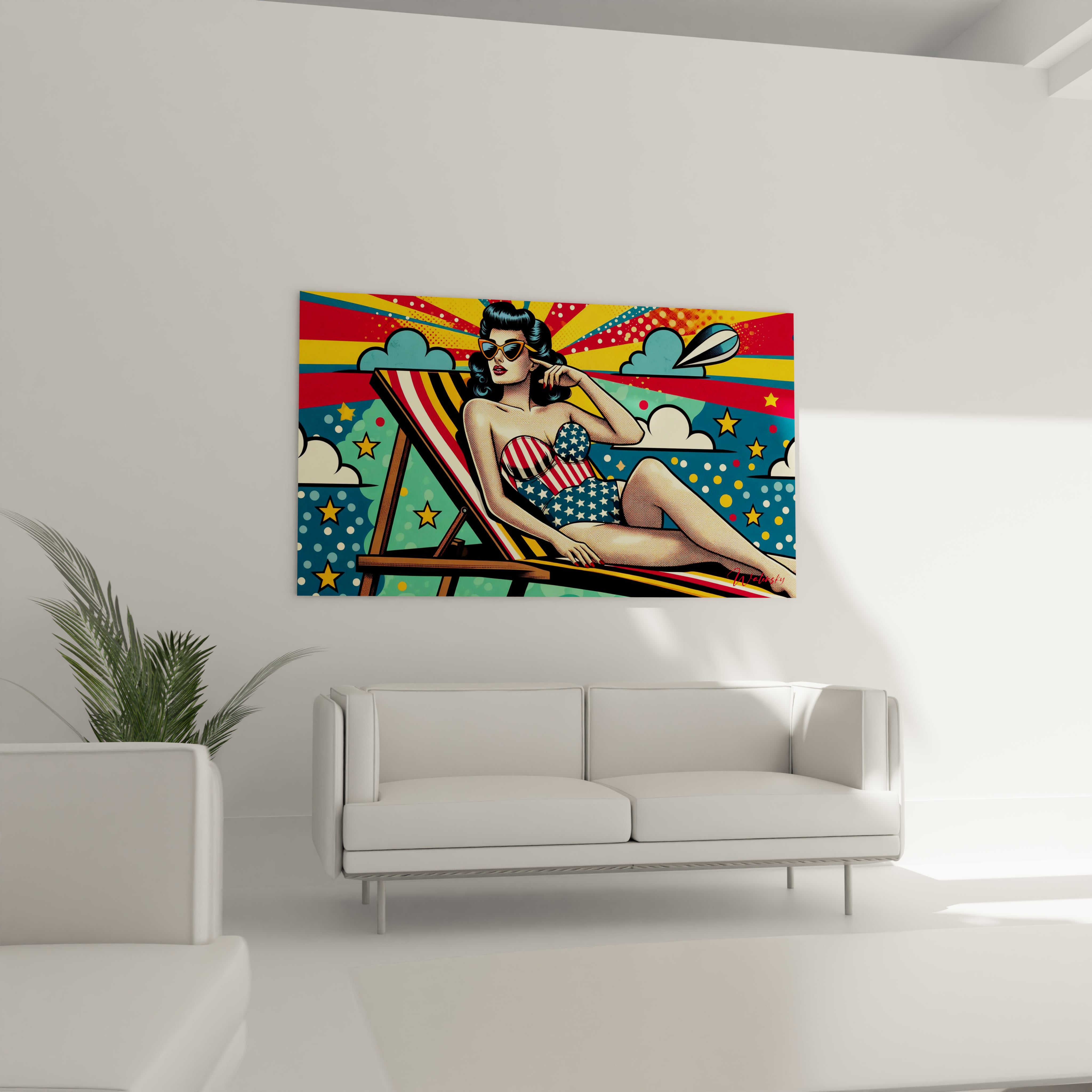 "Salon contemporain avec tableau en verre acrylique Pop Art / Rétro suspendu au-dessus du canapé. Art mural coloré et dynamique pour décoration intérieure de salon."