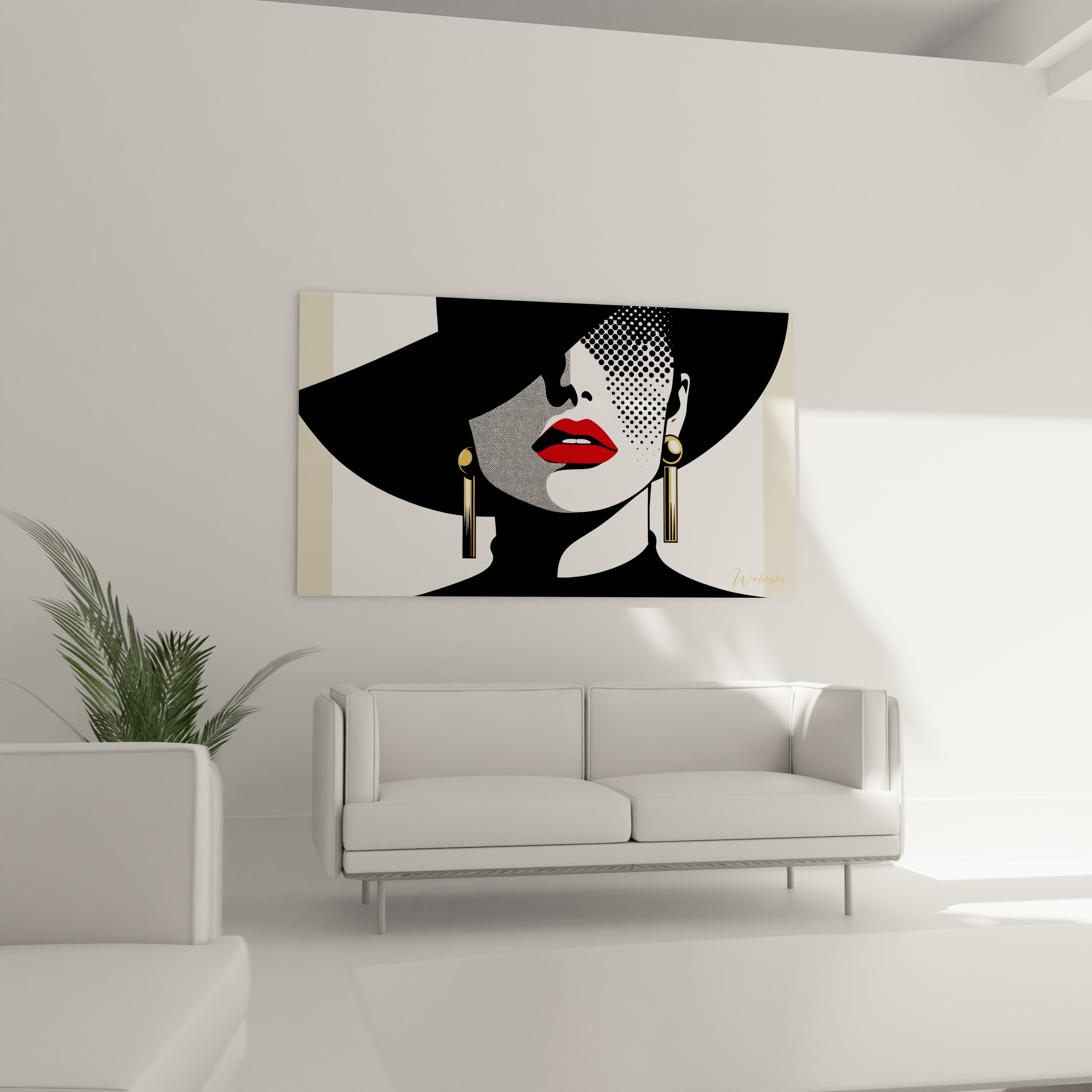 "Salon contemporain avec tableau en verre acrylique Pop Art / Rétro suspendu au-dessus du canapé. Art mural coloré et dynamique pour décoration intérieure de salon."