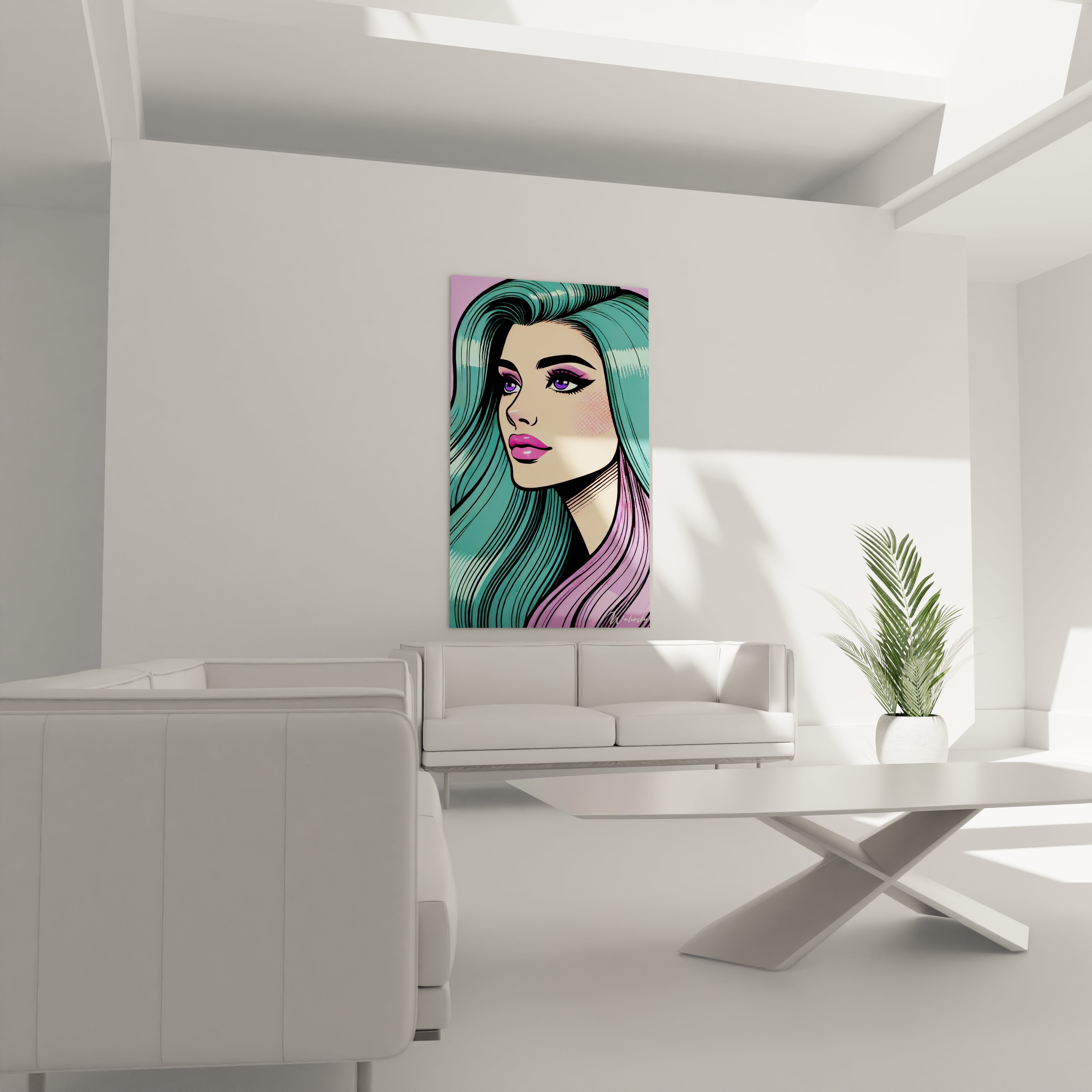 "Salon contemporain avec tableau en verre acrylique Pop Art / Rétro suspendu au-dessus du canapé. Art mural coloré et dynamique pour décoration intérieure de salon."