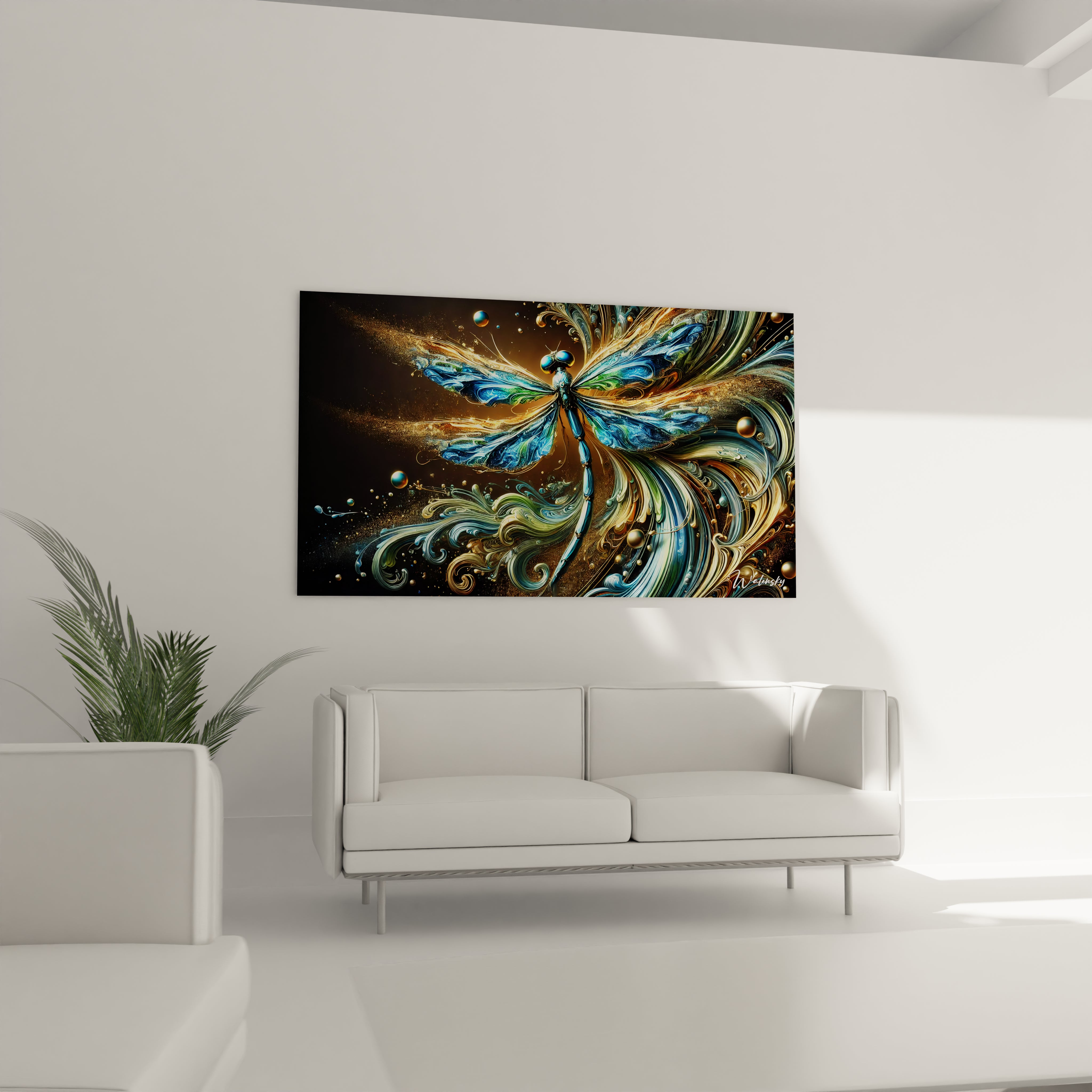 Tableau Essence Sauvage en verre acrylique au-dessus d'un canapé dans un salon - Art mural impressionnant et contemporain - Décoration intérieure inspirée par la nature pour salon - Tableau de grande taille et impression haute résolution - Élément décoratif raffiné pour salon moderne