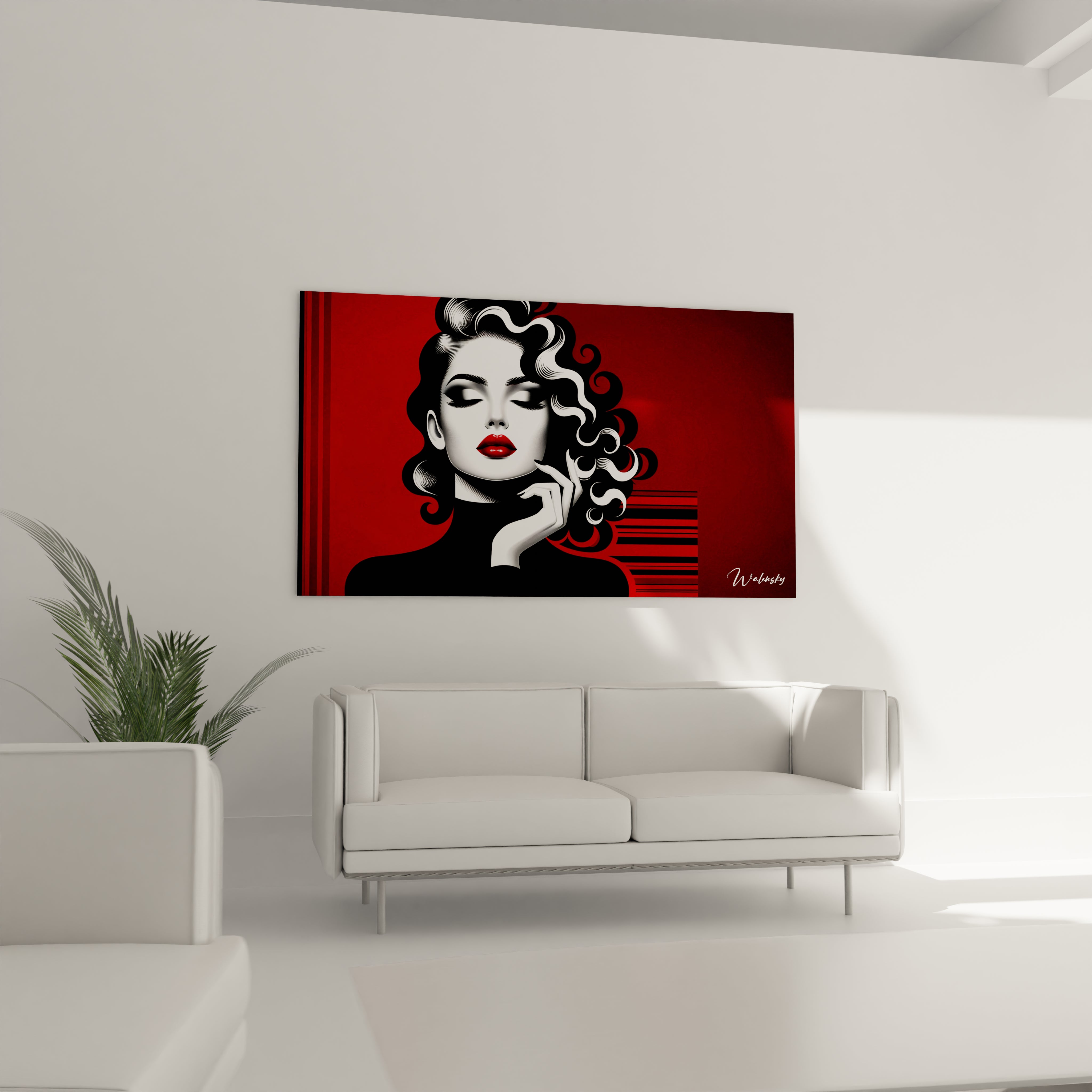 "Salon contemporain avec tableau en verre acrylique Pop Art / Rétro suspendu au-dessus du canapé. Art mural coloré et dynamique pour décoration intérieure de salon."