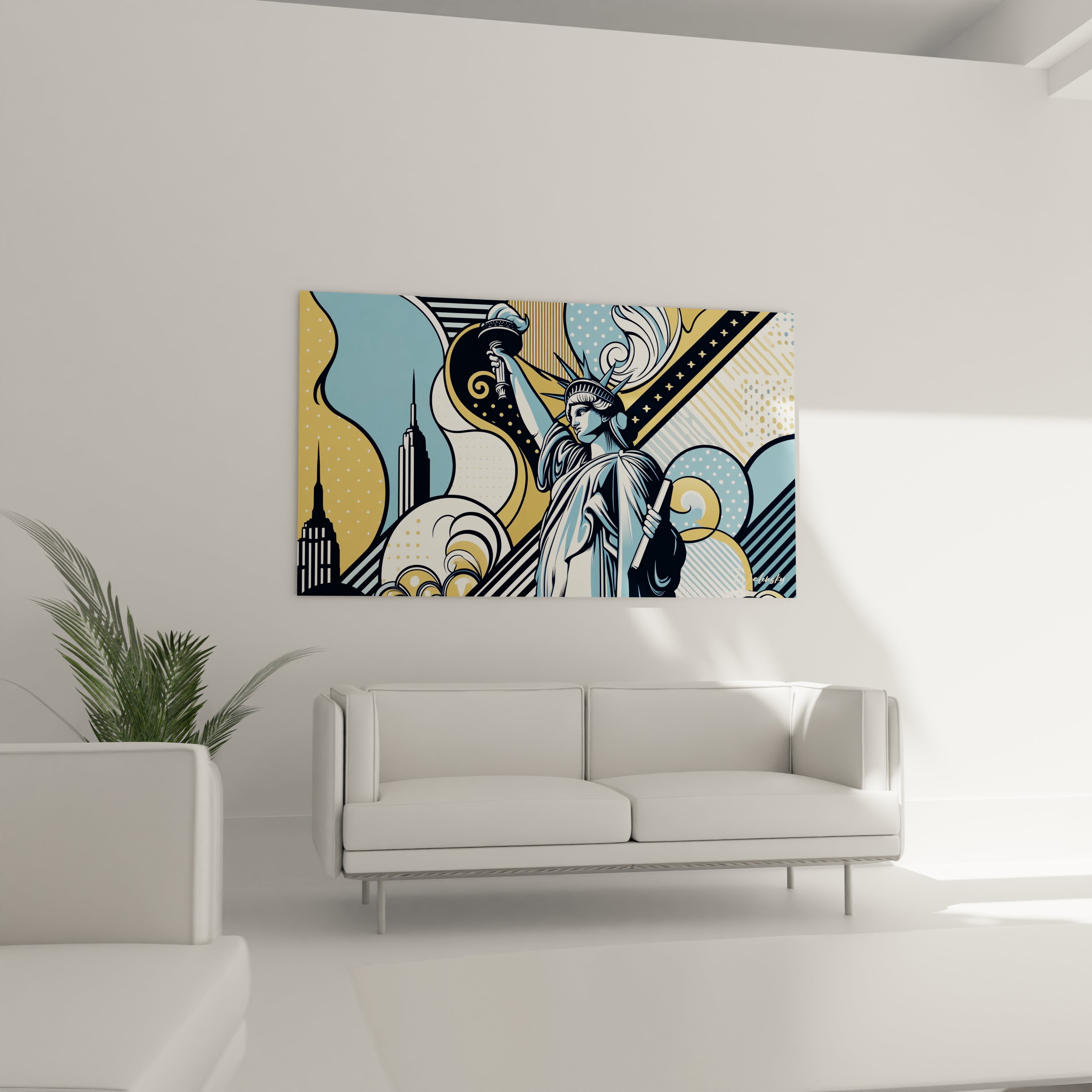 "Salon contemporain avec tableau en verre acrylique Pop Art / Rétro suspendu au-dessus du canapé. Art mural coloré et dynamique pour décoration intérieure de salon."