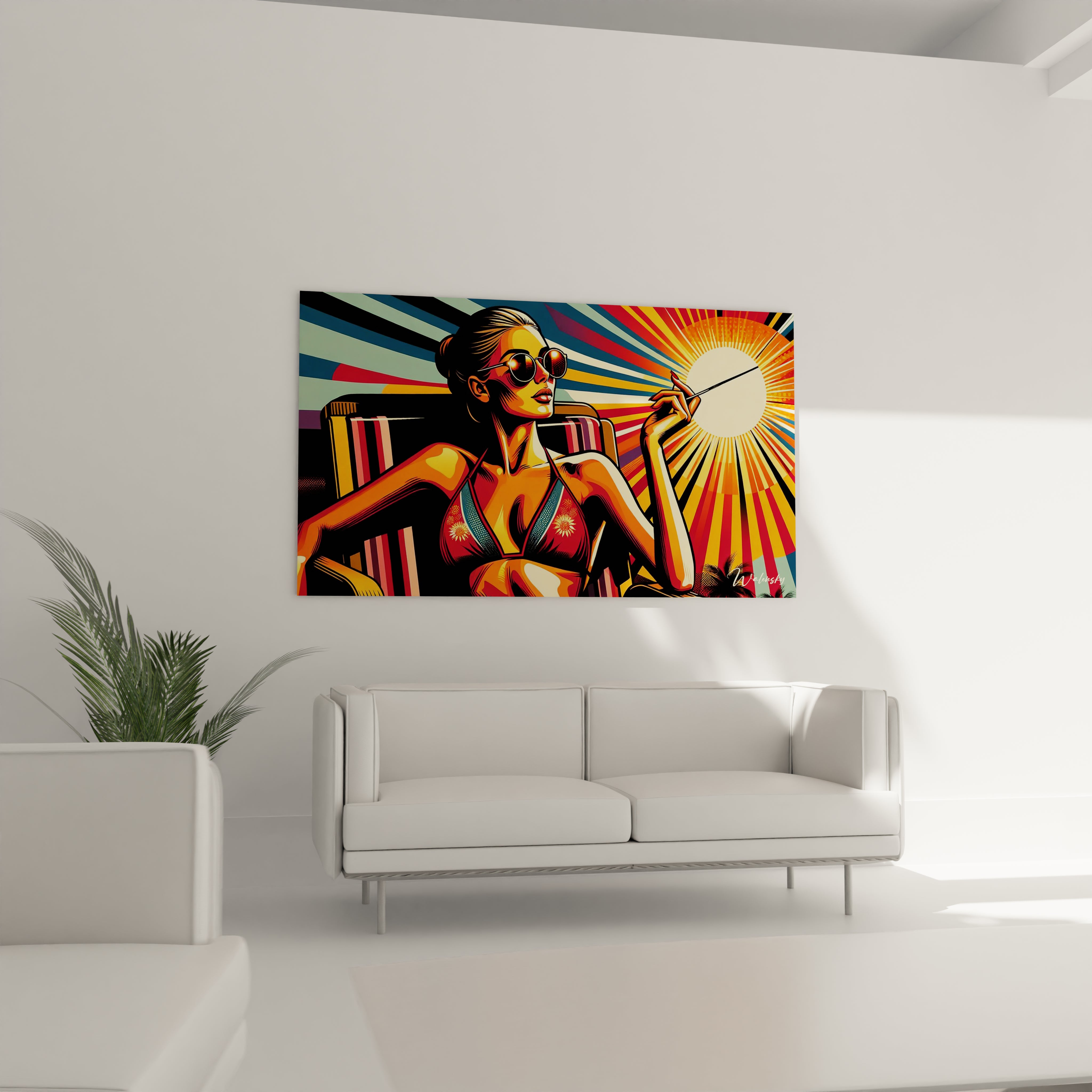 "Salon contemporain avec tableau en verre acrylique Pop Art / Rétro suspendu au-dessus du canapé. Art mural coloré et dynamique pour décoration intérieure de salon."