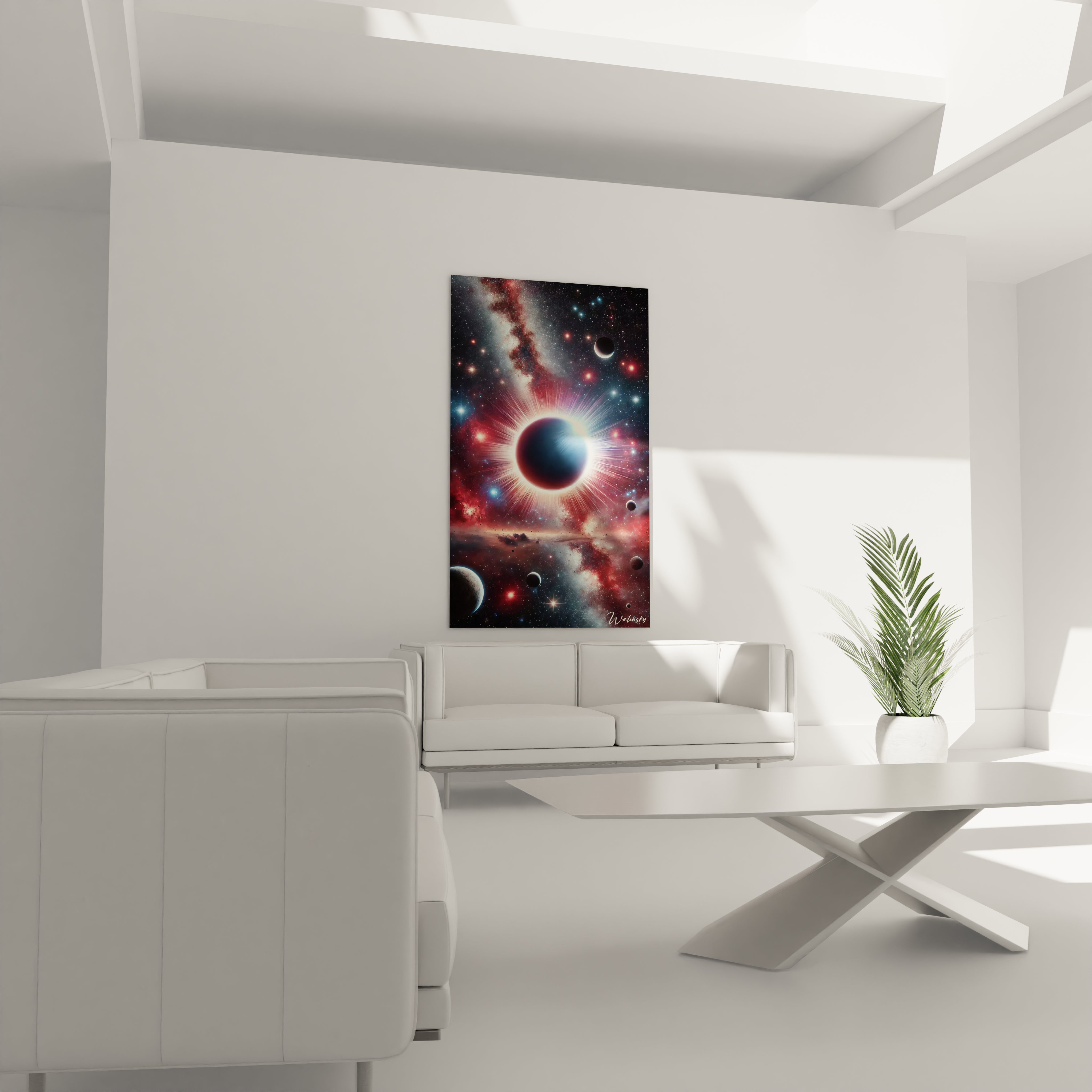 Dans un salon, ce tableau espace au-dessus du canapé offre une vue cosmique éclatante. Les halos lumineux et les étoiles rougeoyantes transforment l’espace en une fenêtre vers l’univers.

