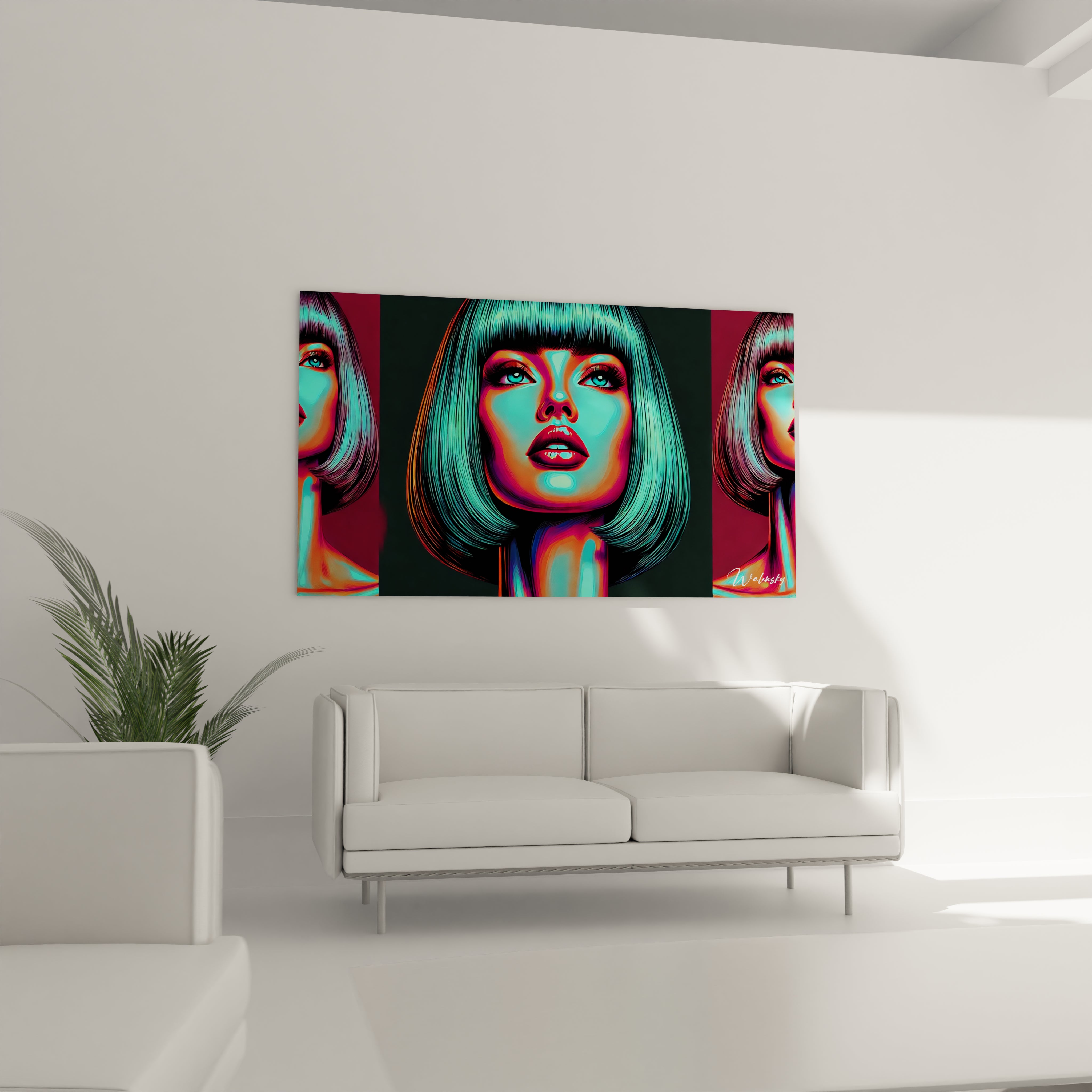 "Salon contemporain avec tableau en verre acrylique Pop Art / Rétro suspendu au-dessus du canapé. Art mural coloré et dynamique pour décoration intérieure de salon."