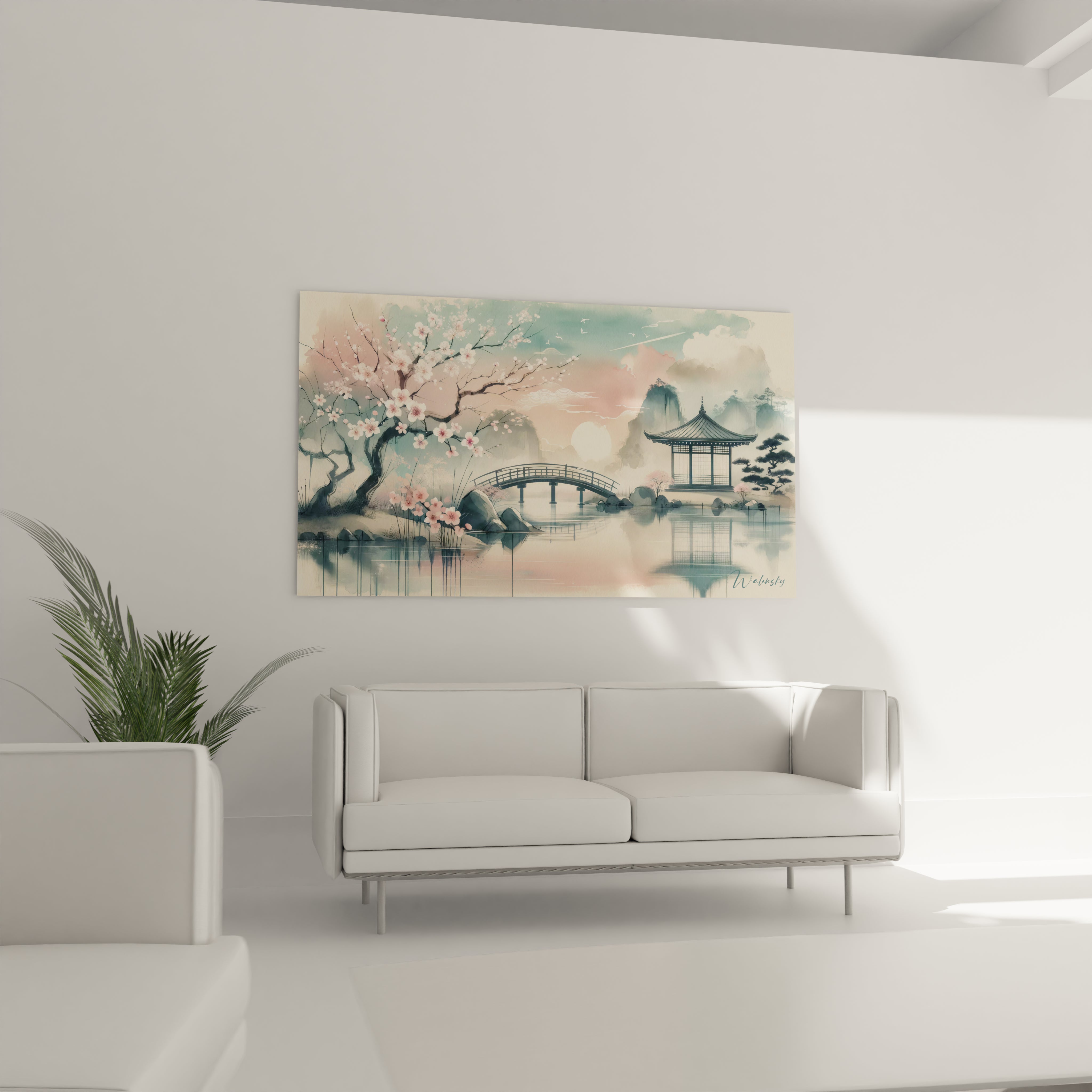 "Salon contemporain avec tableau en verre acrylique Japon / Asiatique suspendu au-dessus du canapé. Art mural inspiré de la culture asiatique, créant une ambiance paisible et élégante."