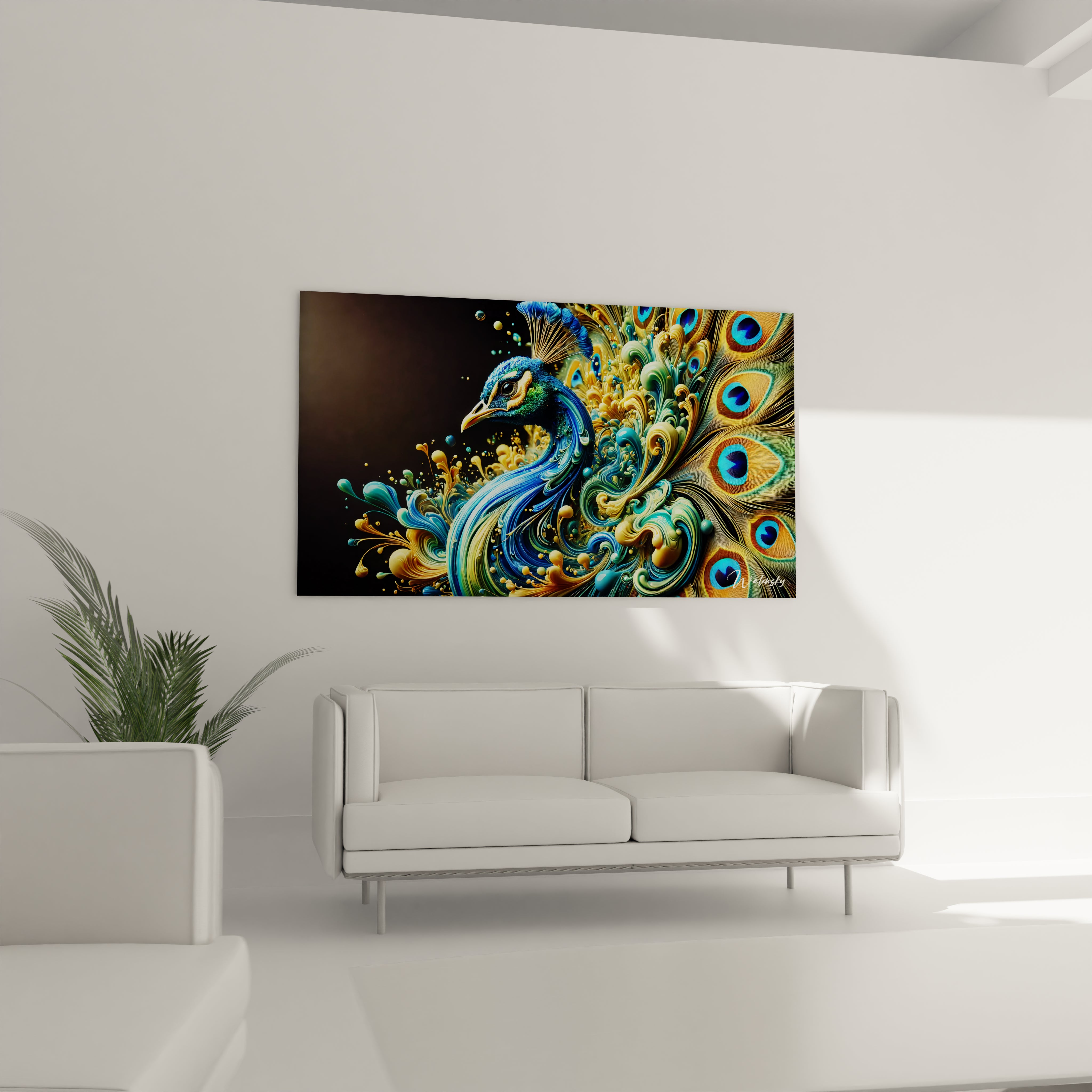 Tableau Essence Sauvage en verre acrylique au-dessus d'un canapé dans un salon - Art mural impressionnant et contemporain - Décoration intérieure inspirée par la nature pour salon - Tableau de grande taille et impression haute résolution - Élément décoratif raffiné pour salon moderne