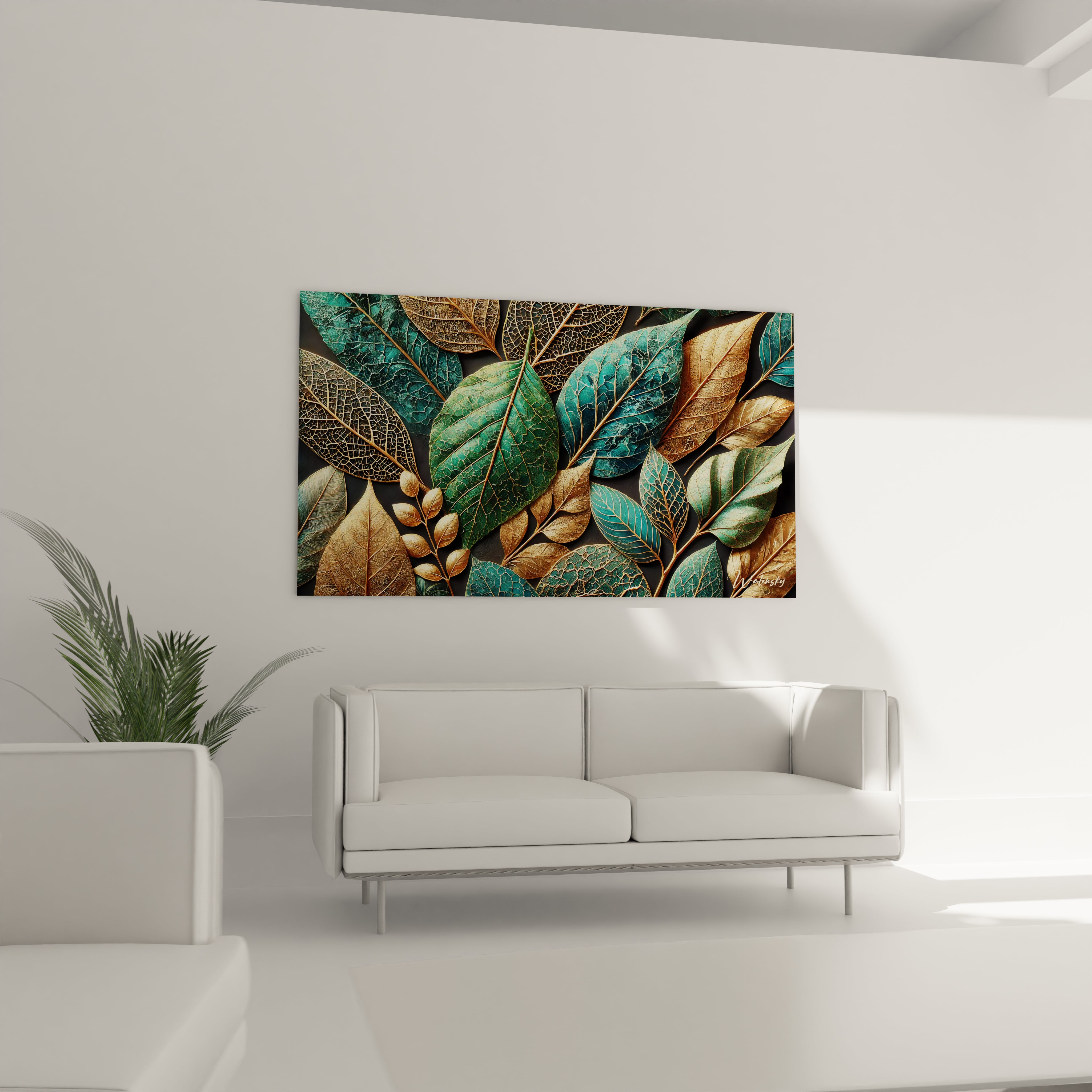 Tableau Nature en verre acrylique au-dessus d'un canapé dans un salon - Art mural impressionnant et contemporain - Décoration intérieure inspirée par la nature pour salon - Tableau de grande taille et impression haute définition - Élément décoratif raffiné pour salon moderne