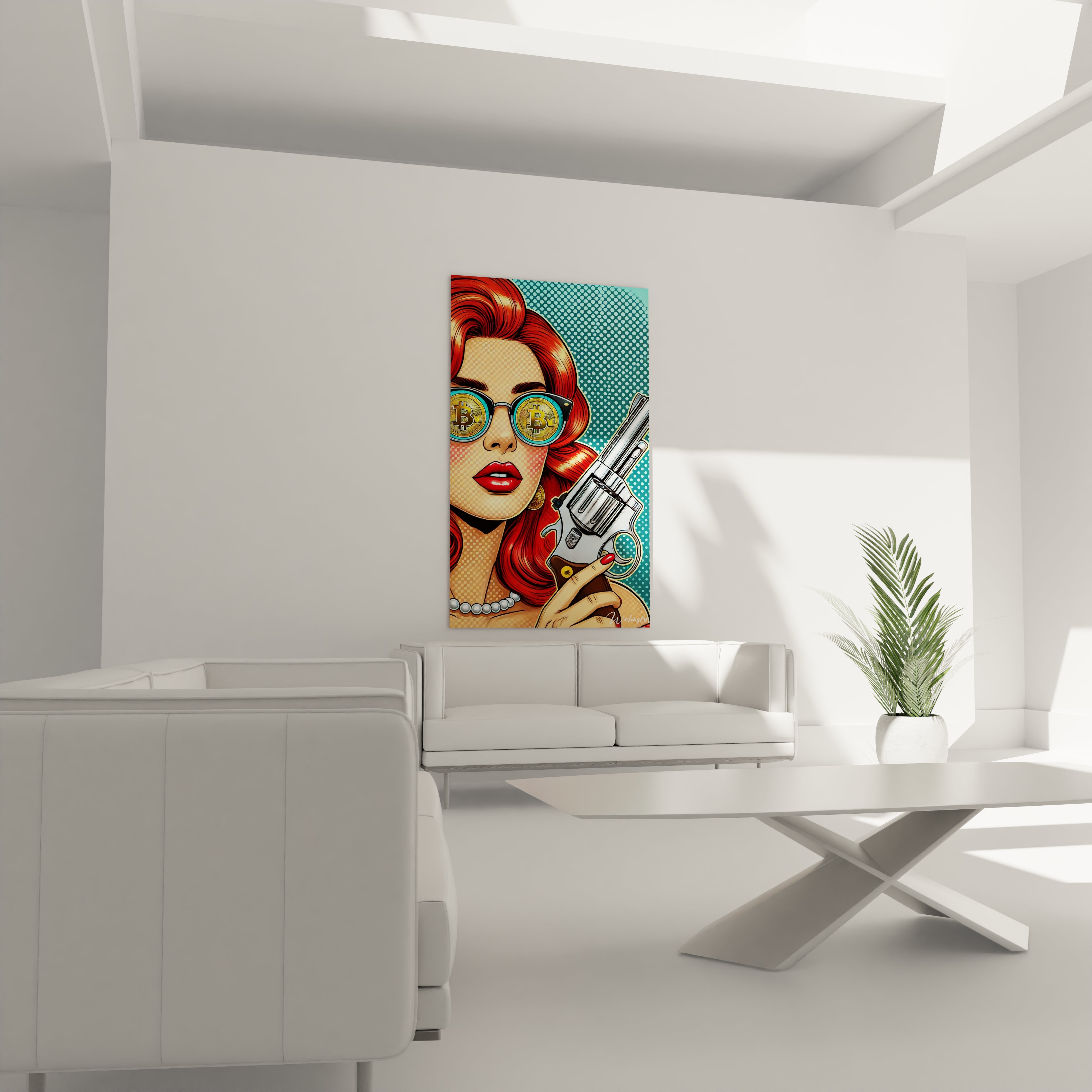 "Salon contemporain avec tableau en verre acrylique Pop Art / Rétro suspendu au-dessus du canapé. Art mural coloré et dynamique pour décoration intérieure de salon."