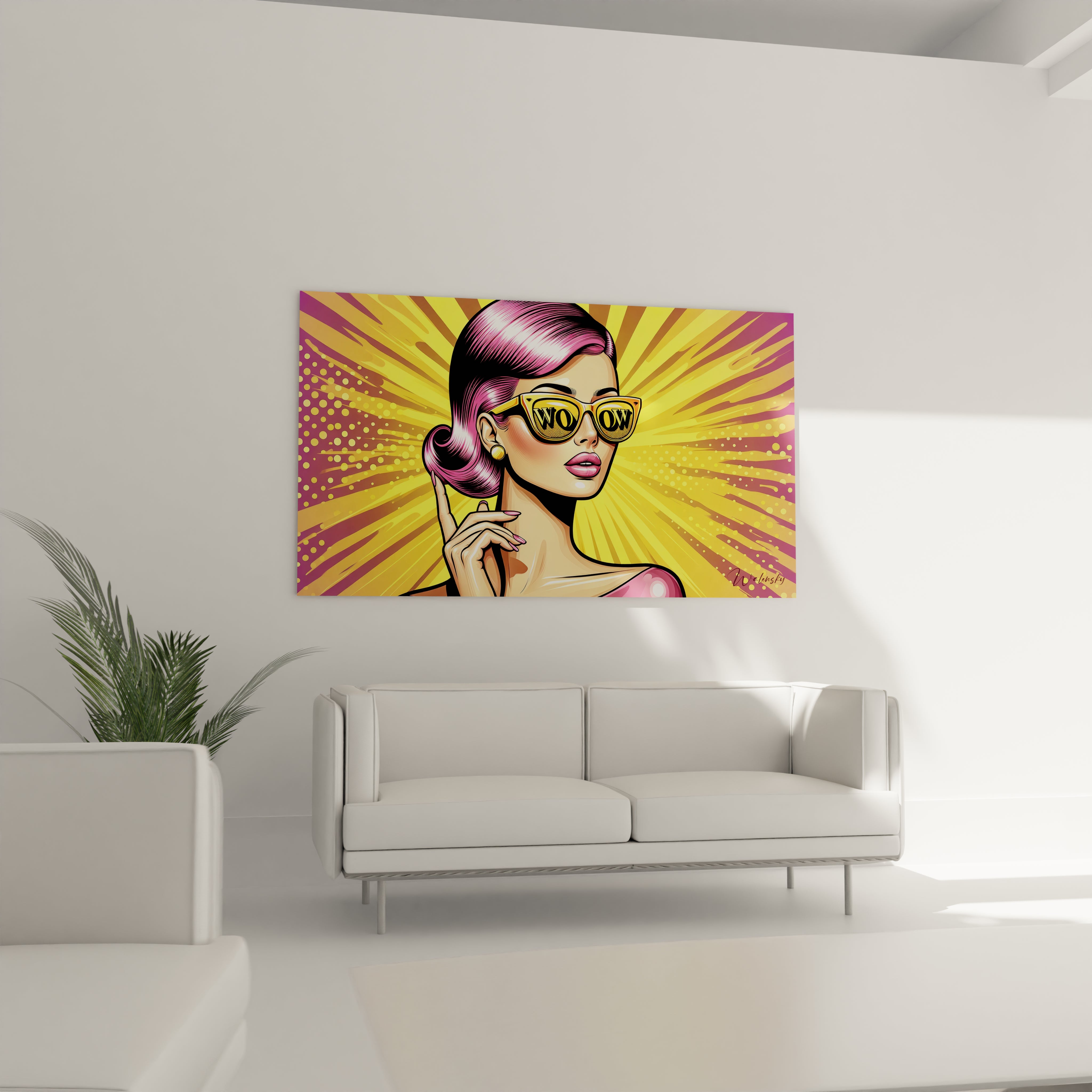 "Salon contemporain avec tableau en verre acrylique Pop Art / Rétro suspendu au-dessus du canapé. Art mural coloré et dynamique pour décoration intérieure de salon."