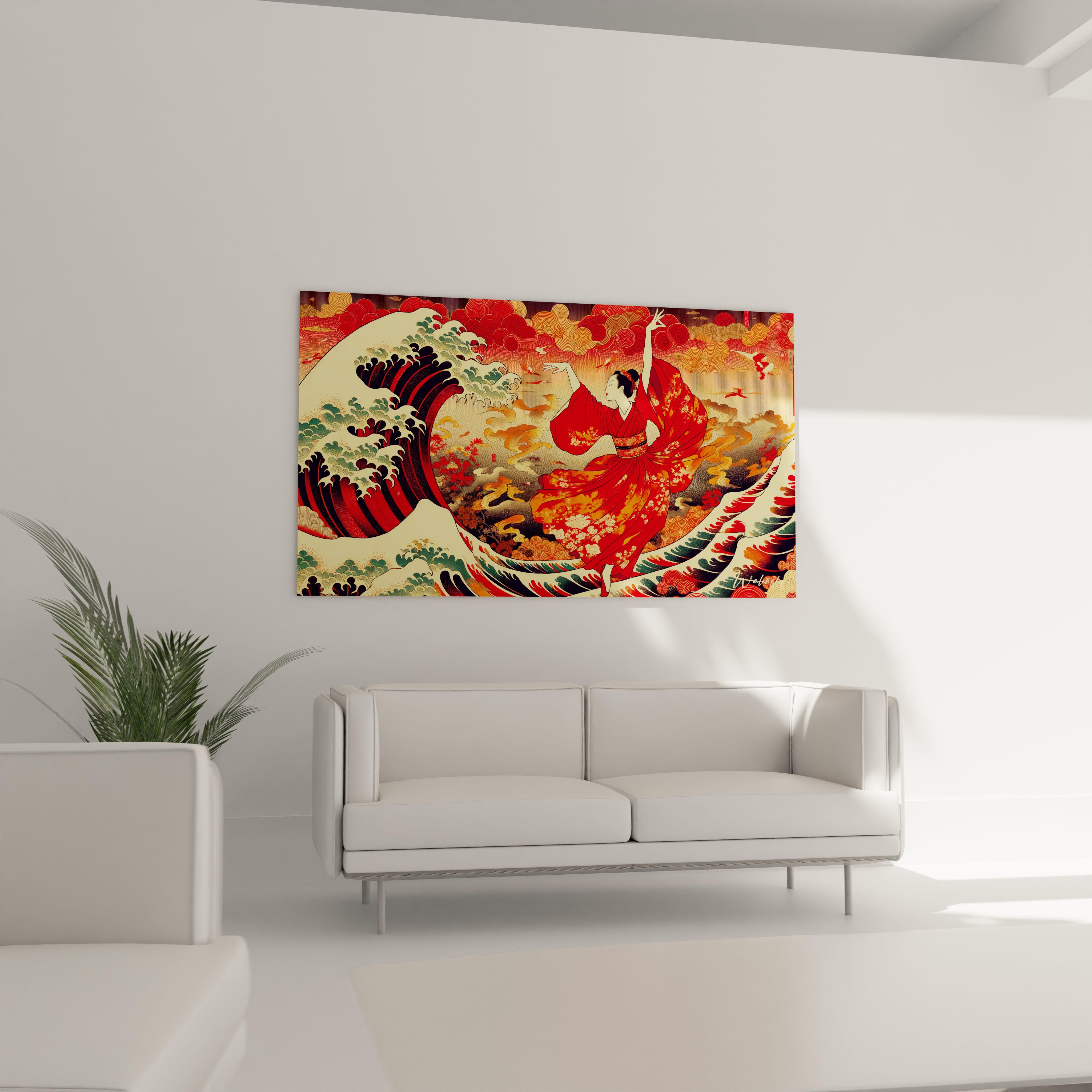 Accroche au mur ce tableau asie illumine la chambre grace au kimono rouge motifs floraux et la vague bleu profond parfait pour une atmosphere apaisante et elegante

