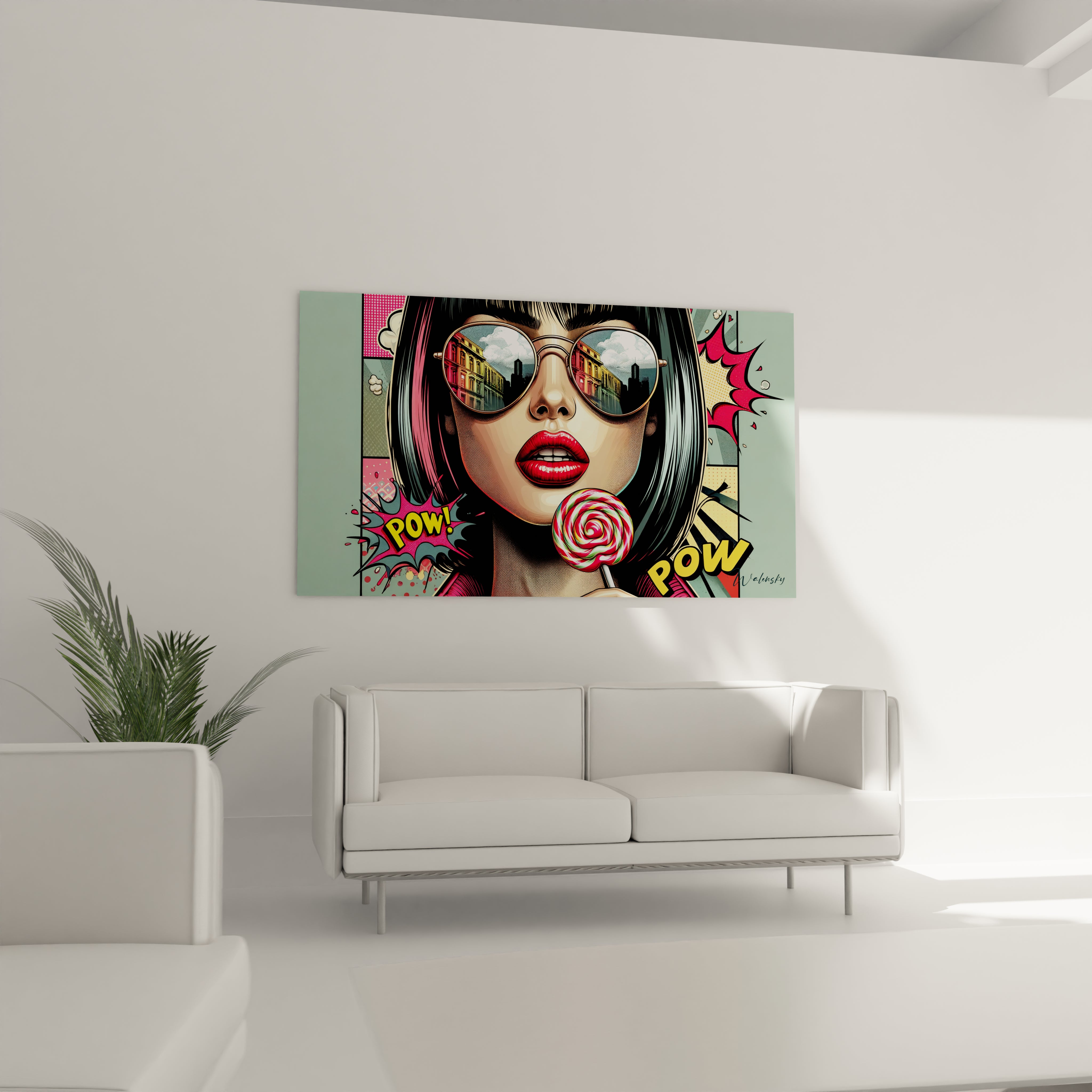 "Salon contemporain avec tableau en verre acrylique Pop Art / Rétro suspendu au-dessus du canapé. Art mural coloré et dynamique pour décoration intérieure de salon."