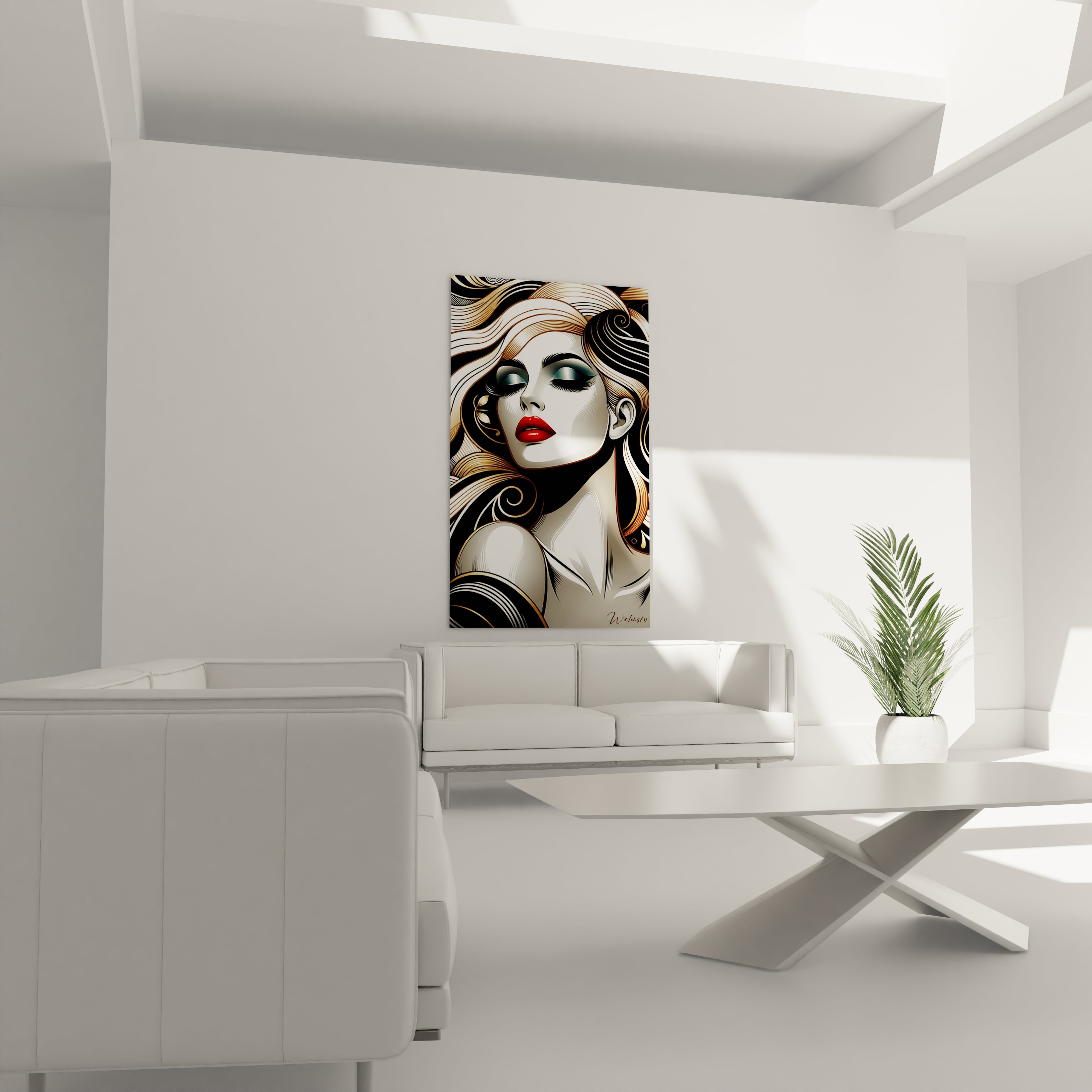 "Salon contemporain avec tableau en verre acrylique Pop Art / Rétro suspendu au-dessus du canapé. Art mural coloré et dynamique pour décoration intérieure de salon."