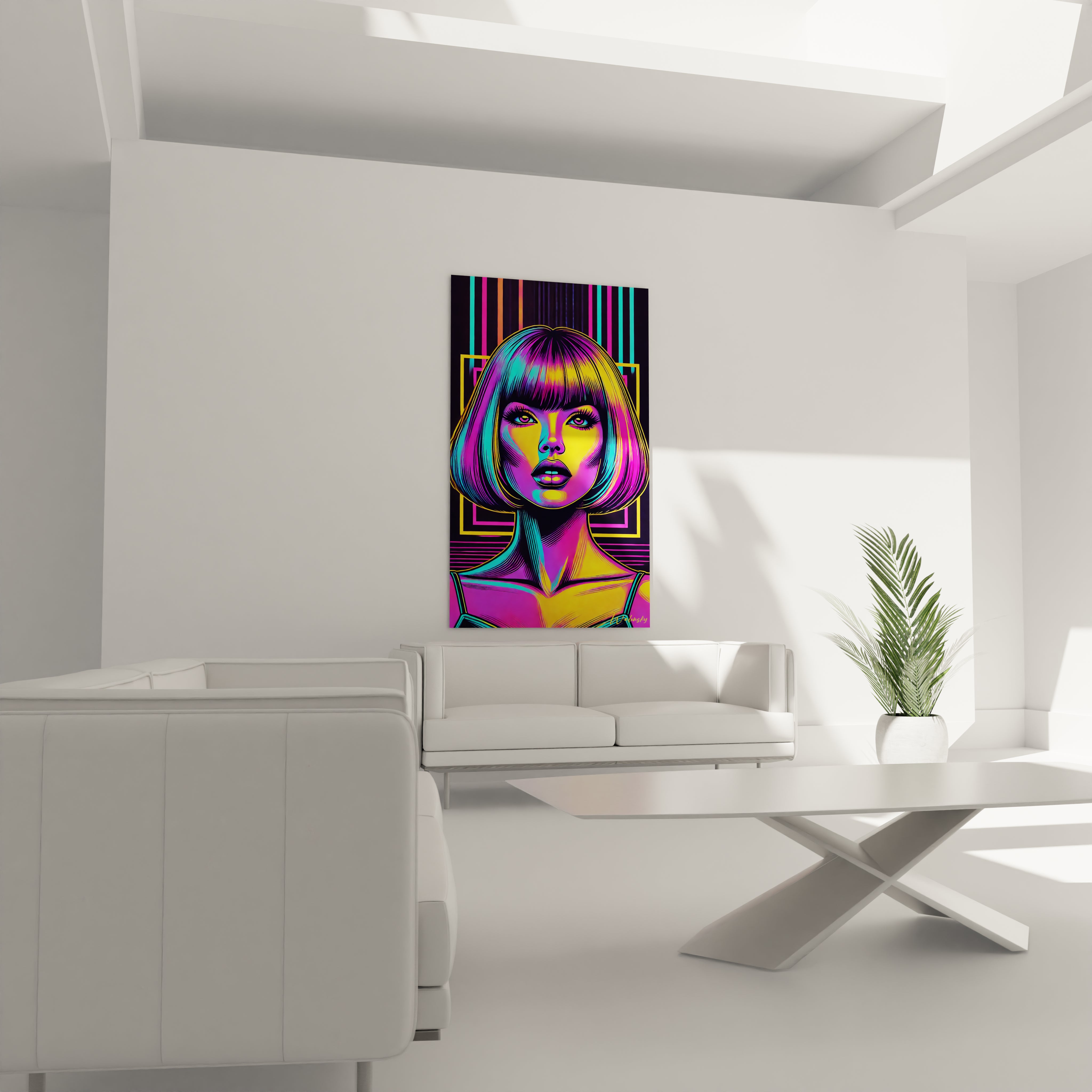 "Salon contemporain avec tableau en verre acrylique Pop Art / Rétro suspendu au-dessus du canapé. Art mural coloré et dynamique pour décoration intérieure de salon."