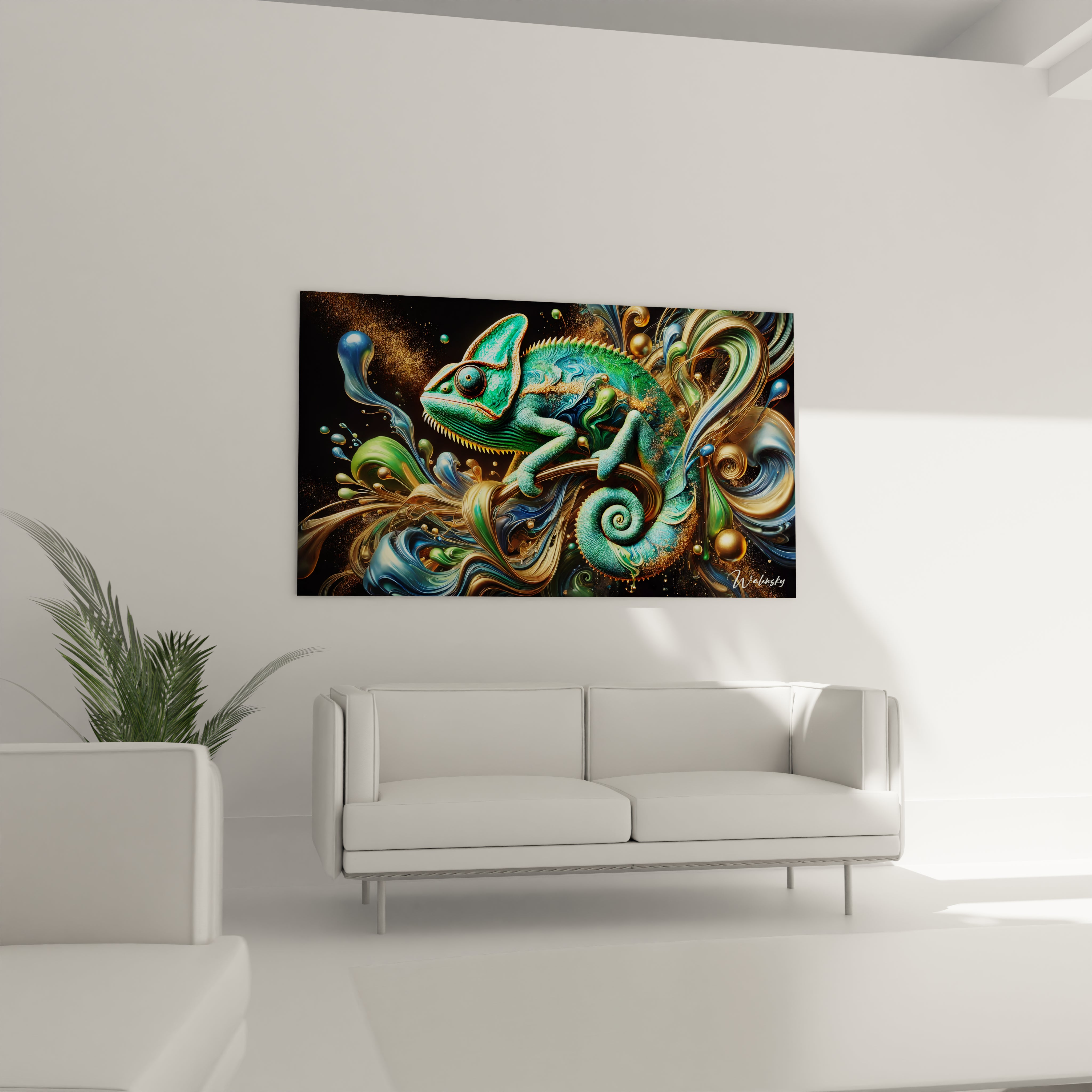 Tableau Essence Sauvage en verre acrylique au-dessus d'un canapé dans un salon - Art mural impressionnant et contemporain - Décoration intérieure inspirée par la nature pour salon - Tableau de grande taille et impression haute résolution - Élément décoratif raffiné pour salon moderne