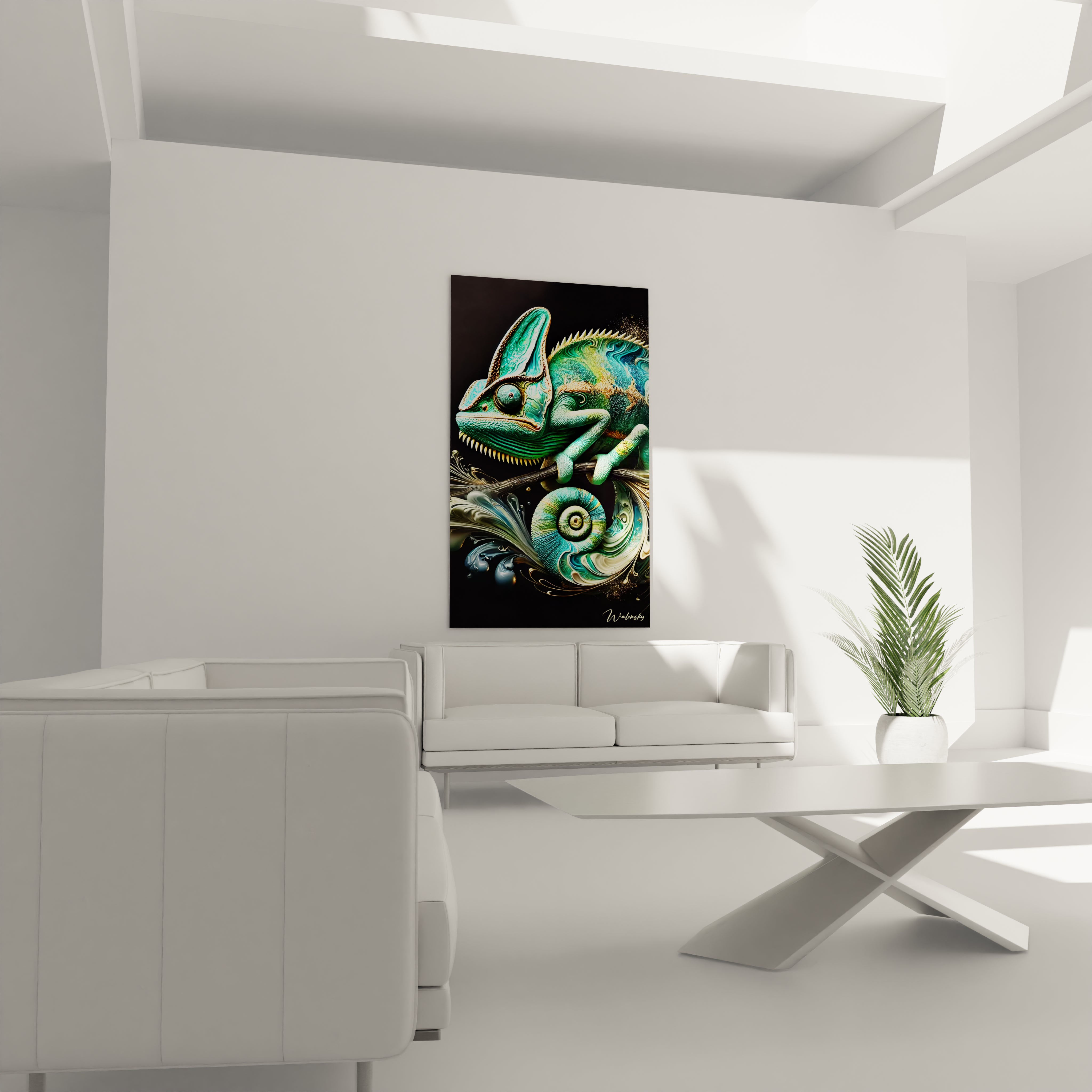 Tableau Essence Sauvage en verre acrylique au-dessus d'un canapé dans un salon - Art mural impressionnant et contemporain - Décoration intérieure inspirée par la nature pour salon - Tableau de grande taille et impression haute résolution - Élément décoratif raffiné pour salon moderne