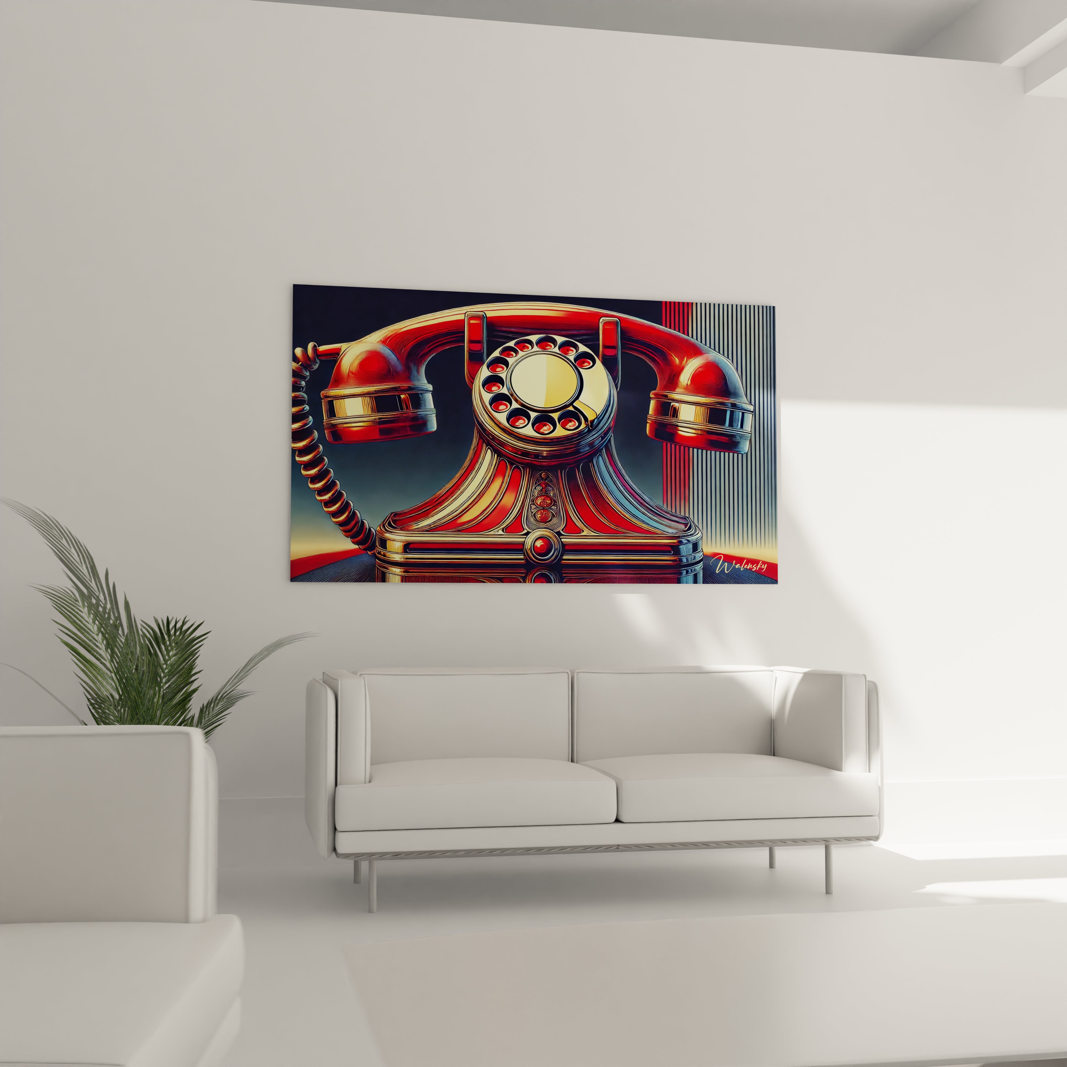 "Salon contemporain avec tableau en verre acrylique Pop Art / Rétro suspendu au-dessus du canapé. Art mural coloré et dynamique pour décoration intérieure de salon."