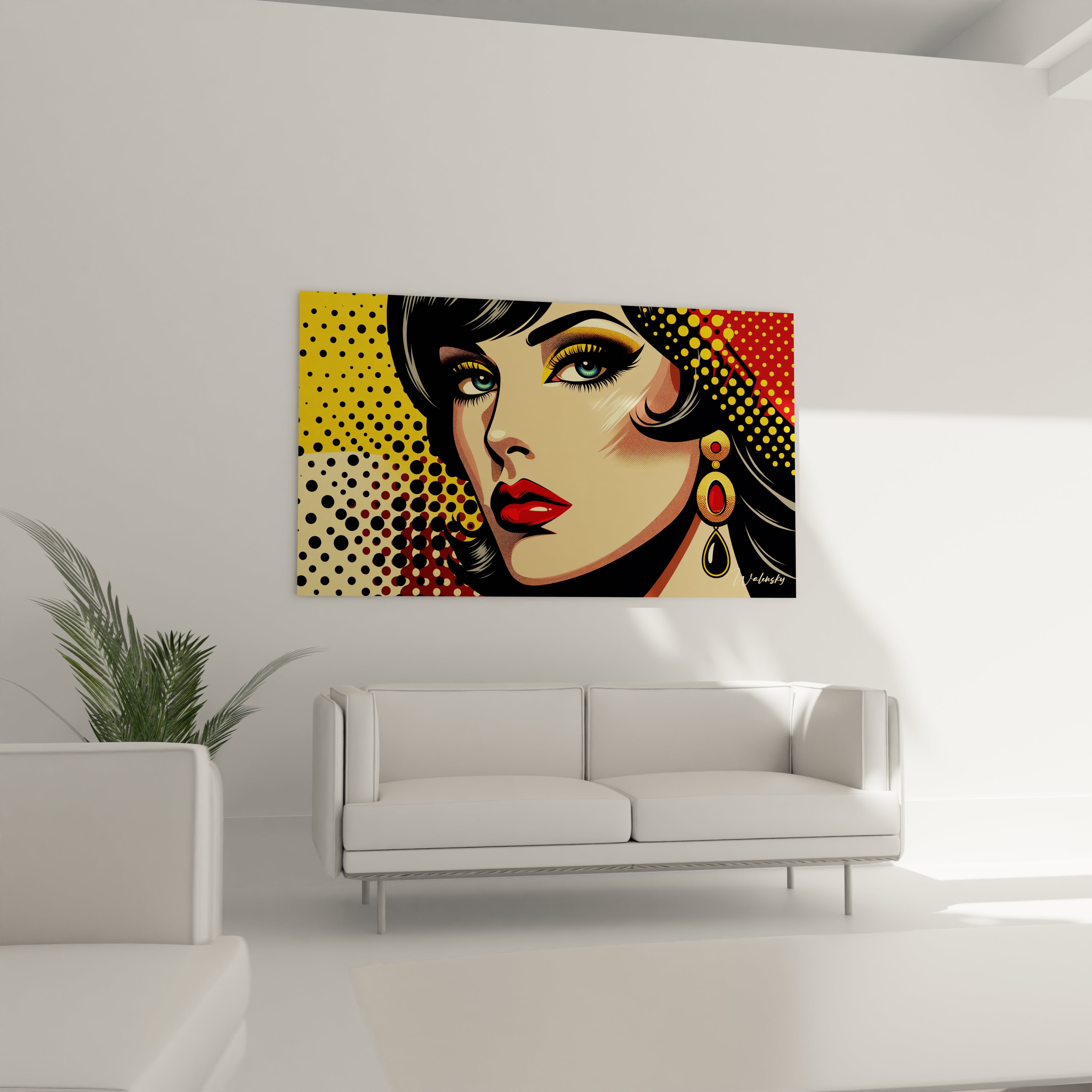 "Salon contemporain avec tableau en verre acrylique Pop Art / Rétro suspendu au-dessus du canapé. Art mural coloré et dynamique pour décoration intérieure de salon."