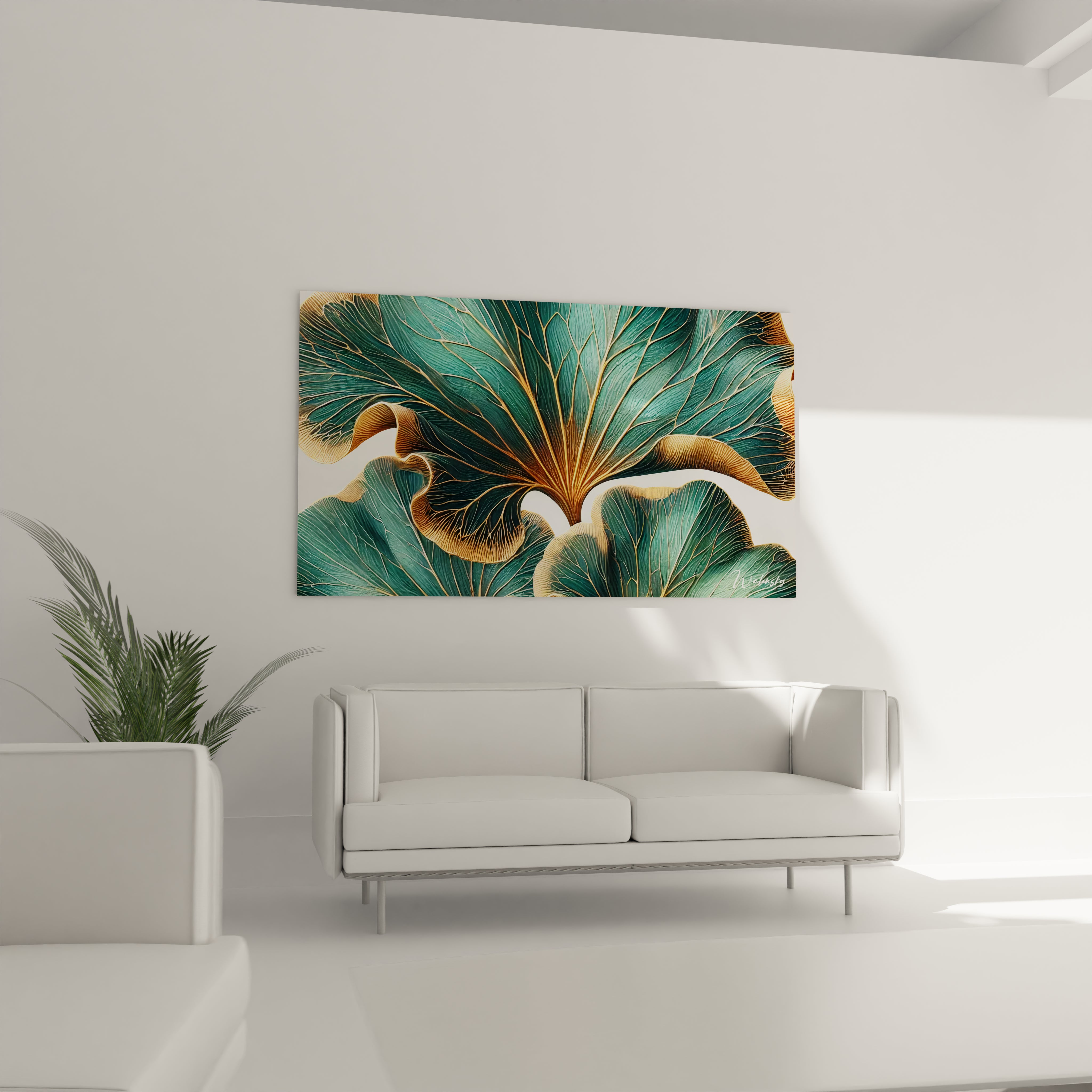 Tableau Nature en verre acrylique au-dessus d'un canapé dans un salon - Art mural impressionnant et contemporain - Décoration intérieure inspirée par la nature pour salon - Tableau de grande taille et impression haute définition - Élément décoratif raffiné pour salon moderne