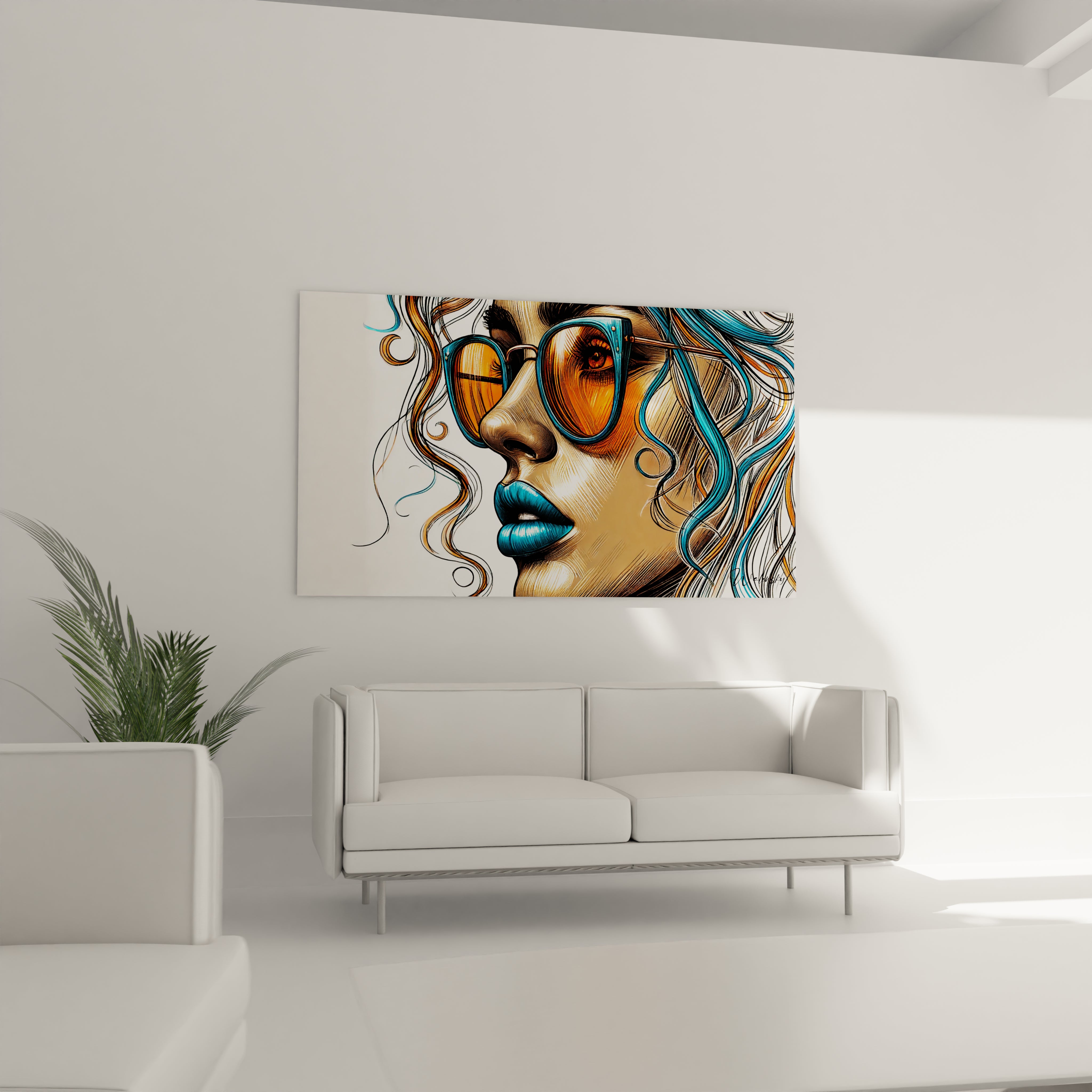 "Salon contemporain avec tableau en verre acrylique Pop Art / Rétro suspendu au-dessus du canapé. Art mural coloré et dynamique pour décoration intérieure de salon."