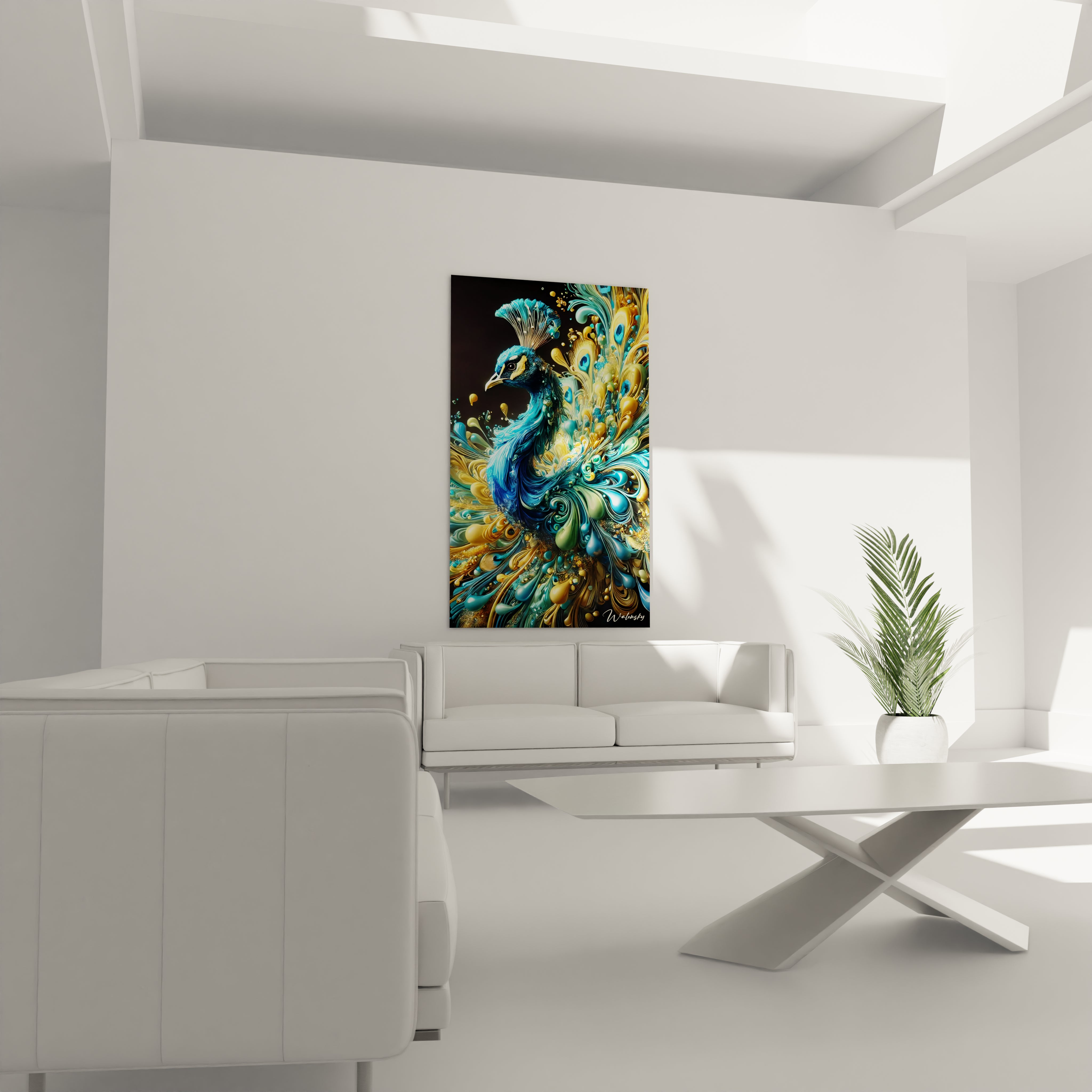 Tableau Essence Sauvage en verre acrylique au-dessus d'un canapé dans un salon - Art mural impressionnant et contemporain - Décoration intérieure inspirée par la nature pour salon - Tableau de grande taille et impression haute résolution - Élément décoratif raffiné pour salon moderne