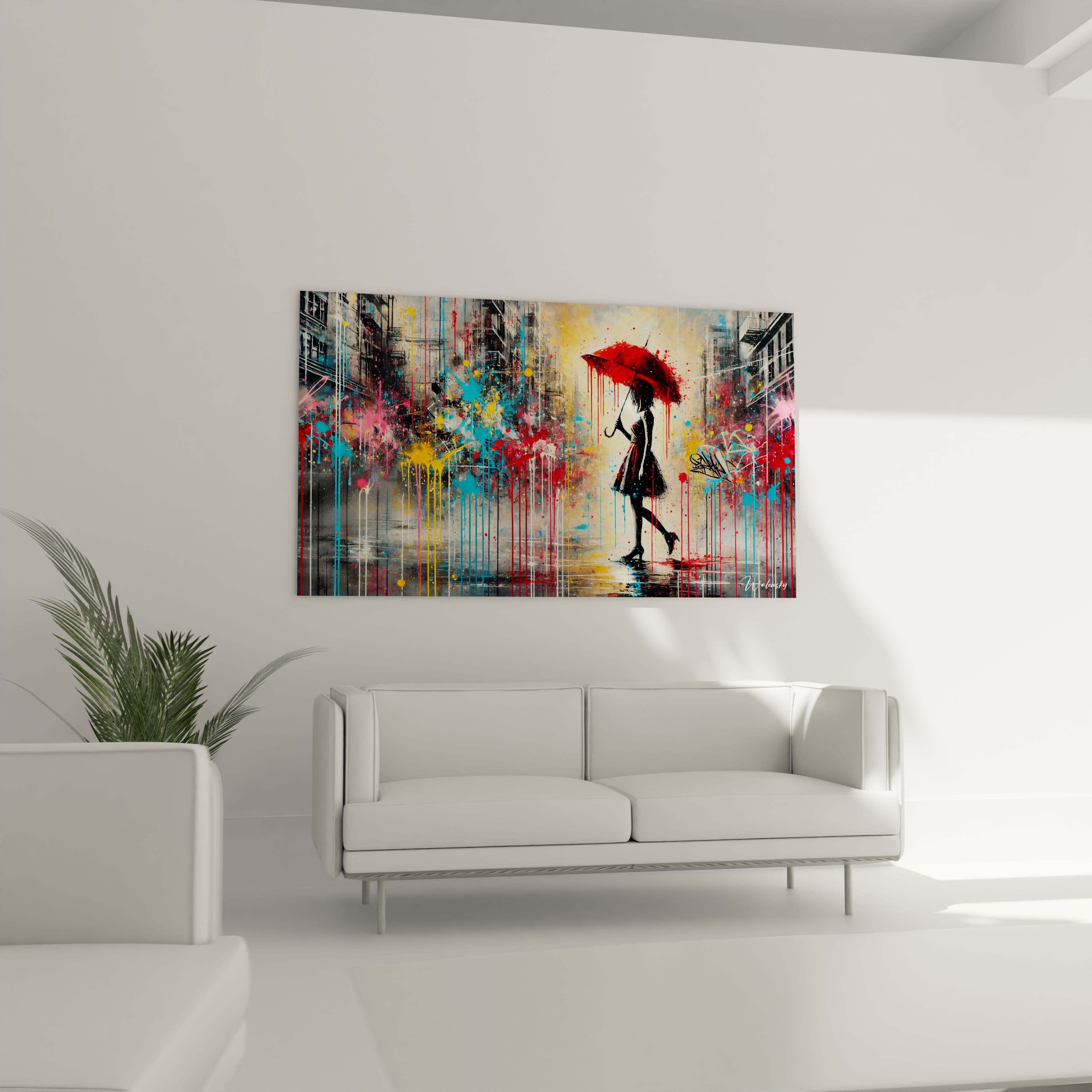 Tableau urbain aux couleurs vives accroché dans un salon, ajoutant une énergie vibrante à l'espace avec sa scène urbaine et silhouette féminine sous la pluie.