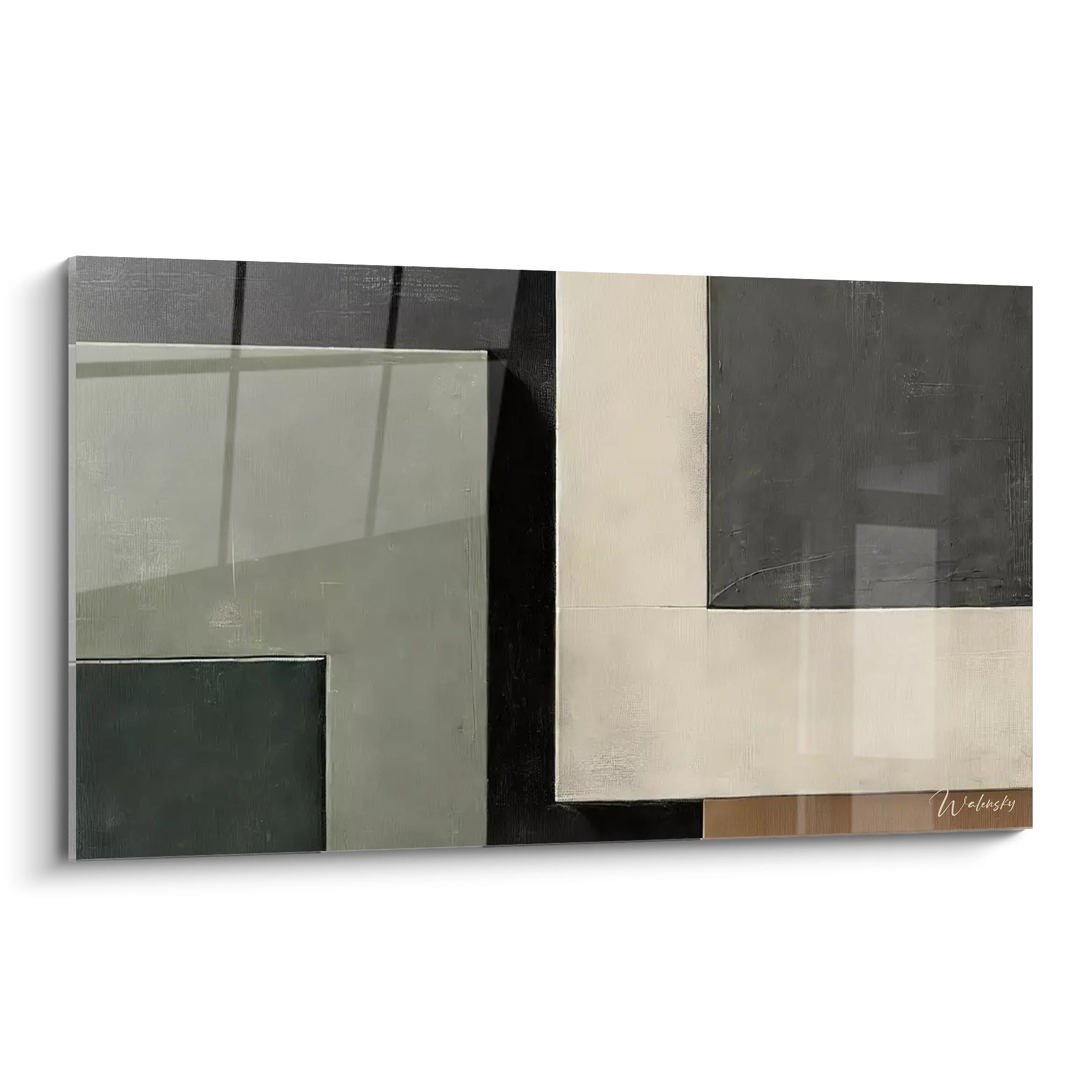 Tableau géométrique minimaliste avec des formes carrées et rectangulaires en nuances de gris, noir et beige, offrant une profondeur visuelle unique."