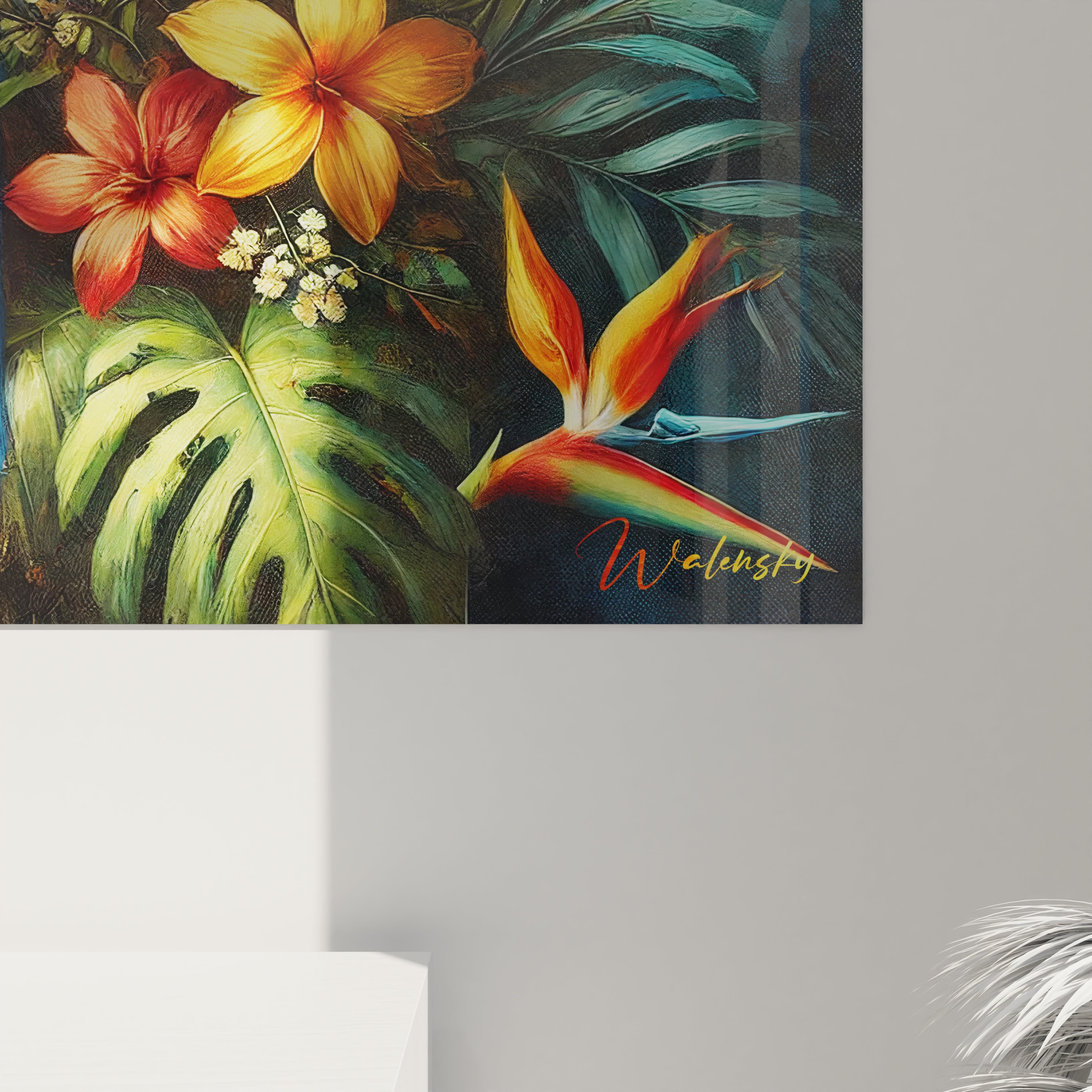 Admirez de près ce tableau perroquet, avec ses détails saisissants. Les plumes éclatantes et les feuillages luxuriants vous plongent dans une nature exotique et riche en couleurs tropicales