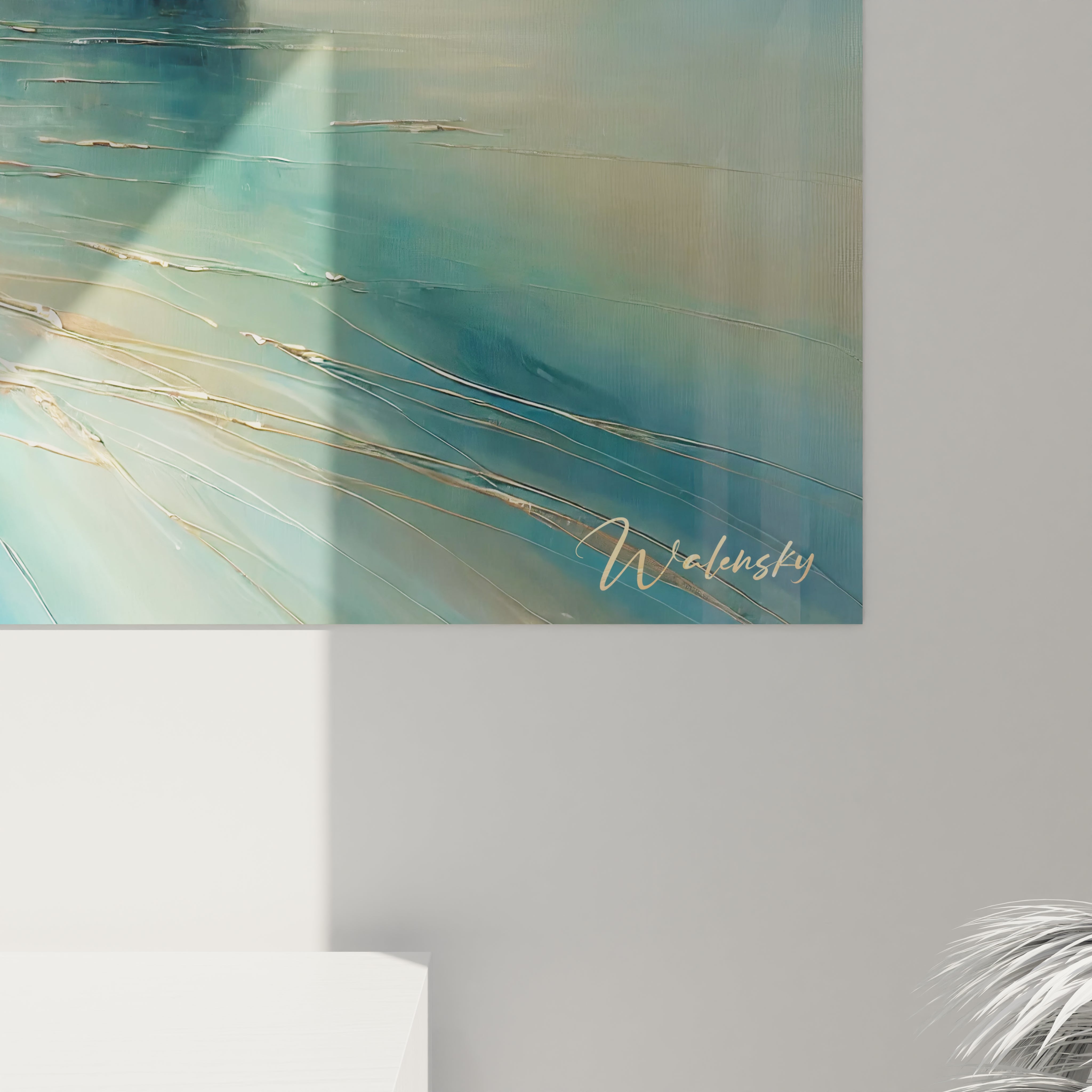 Gros plan du tableau maritime montrant les détails subtils du navire et de la mer calme. Reflets de lumière et nuances pastel, parfait pour les amateurs d'art marin." 