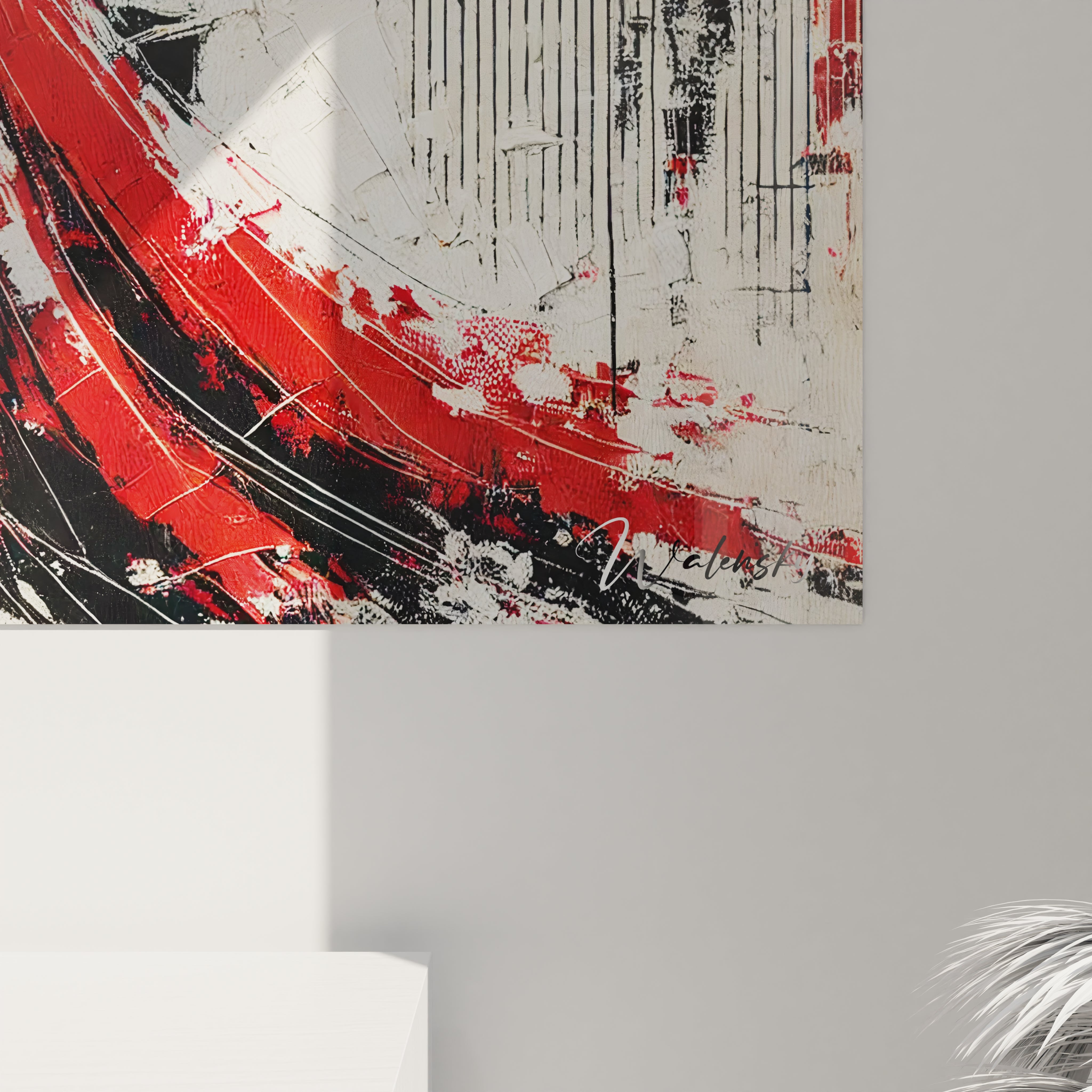 "Vue de près du tableau, révélant la texture en relief et les coups de pinceau expressifs. Les détails de la robe rouge et du piano noir apportent profondeur et émotion à l'œuvre."

