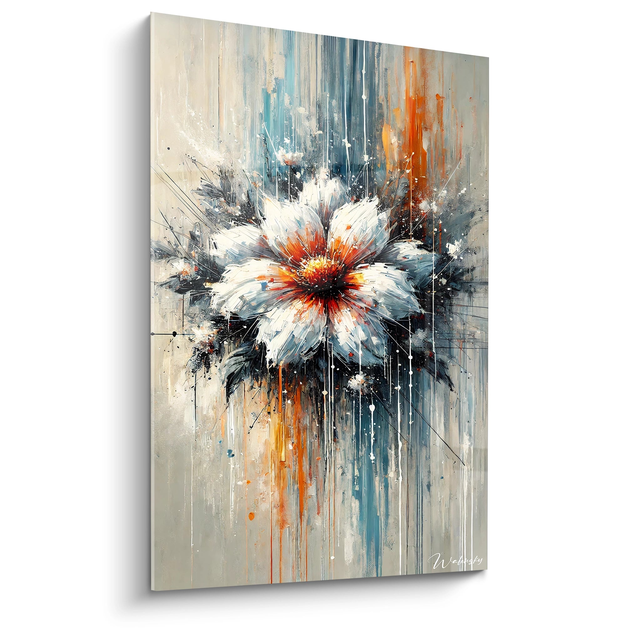 Tableau abstrait 'Explosion Florale', vue de biais. Pétales blancs et touches de rouge sur fond texturé. Effet explosif et couleurs vibrantes pour un style contemporain unique.