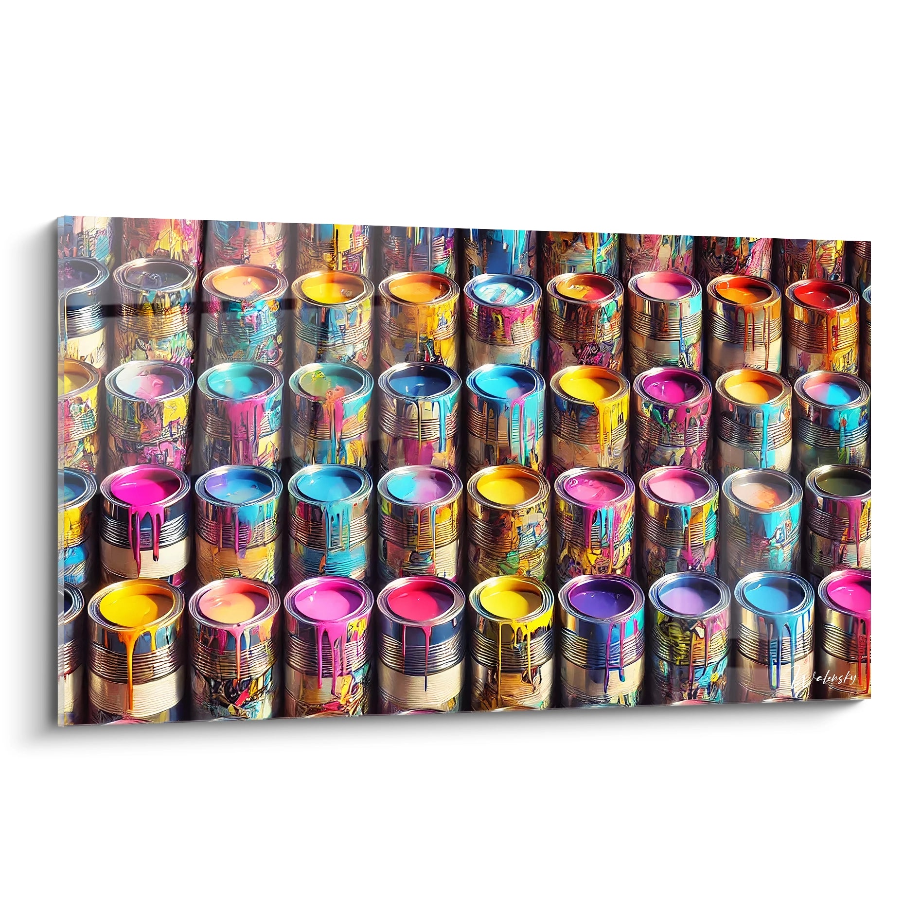 "Découvrez ce tableau vibrant, une explosion de couleurs éclatantes. Les pots de peinture alignés dégoulinent d'énergie créative. 🌈#TableauPopArt #ExplosionDeCouleurs"