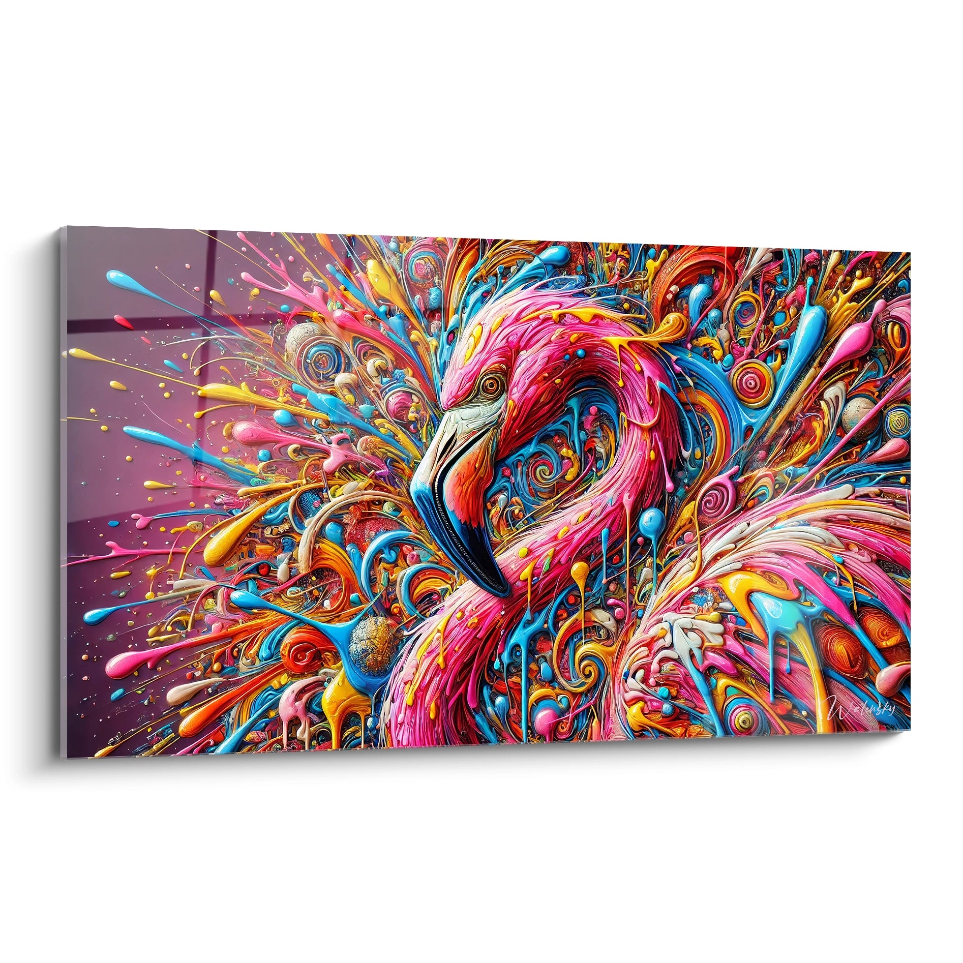 "Tableau flamant rose vibrant vu de biais. Éclaboussures de peinture multicolores et motifs tourbillonnants créent un effet visuel hypnotique. Couleurs vives sur fond violet."