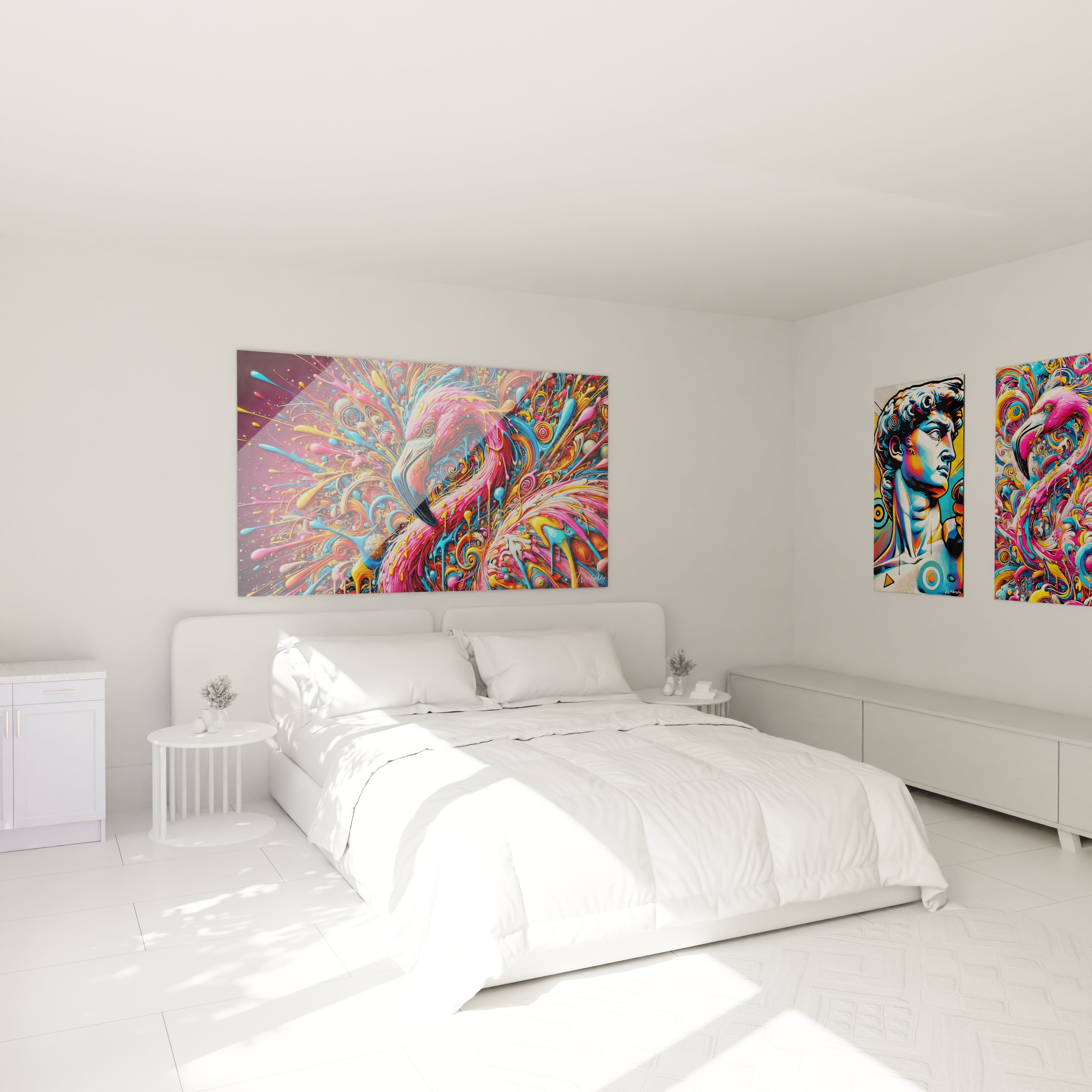 Tableau flamant rose au-dessus du lit dans une chambre. Effusion de couleurs vives et motifs tourbillonnants apportent une touche artistique et dynamique à l'espace de repos."