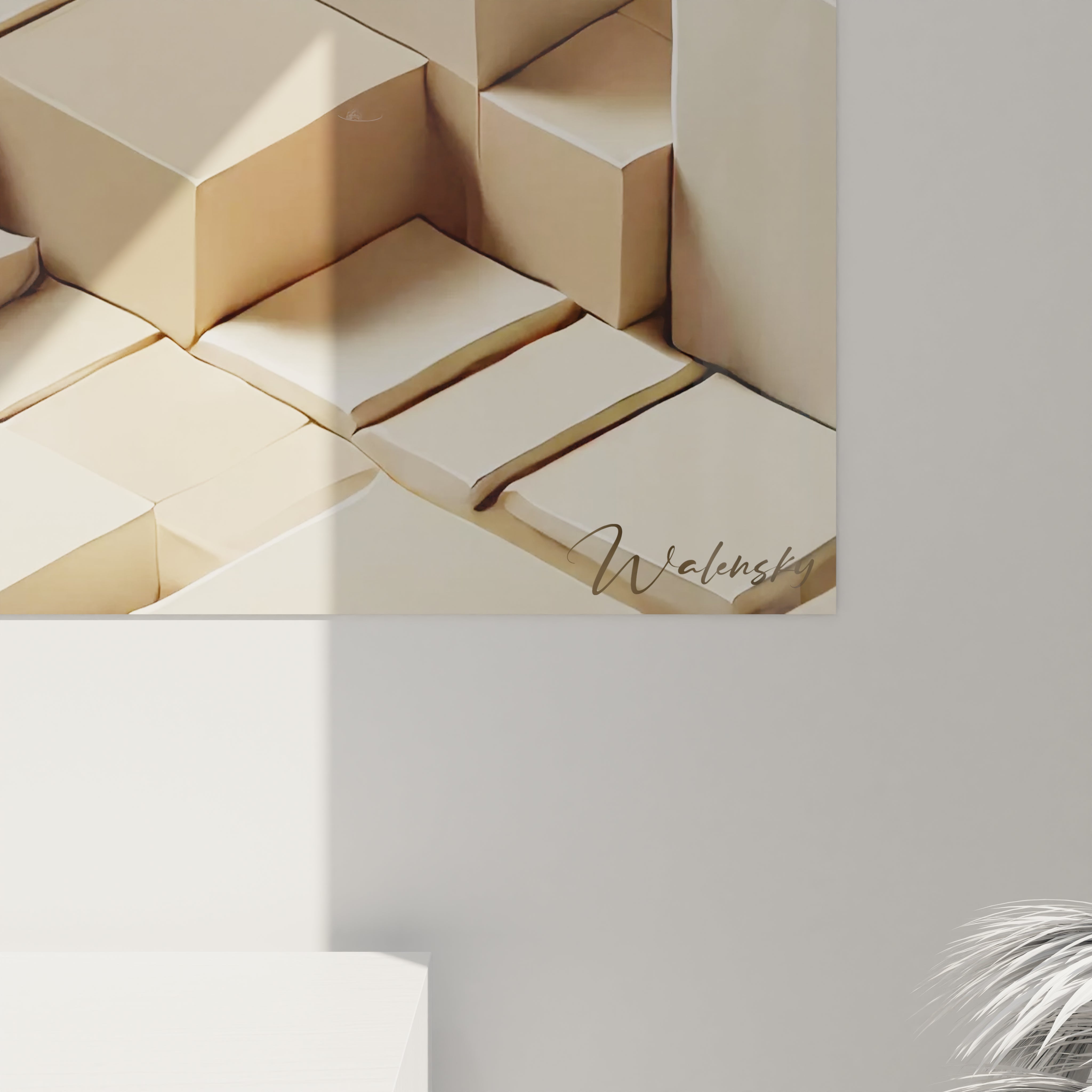 🔍 Gros plan du tableau "Minimalisme Sculpté". Les cubes rectangulaires en relief, dans des tons ivoire et beige, évoquent la simplicité et la profondeur du minimalisme géométrique. #ArtMinimaliste