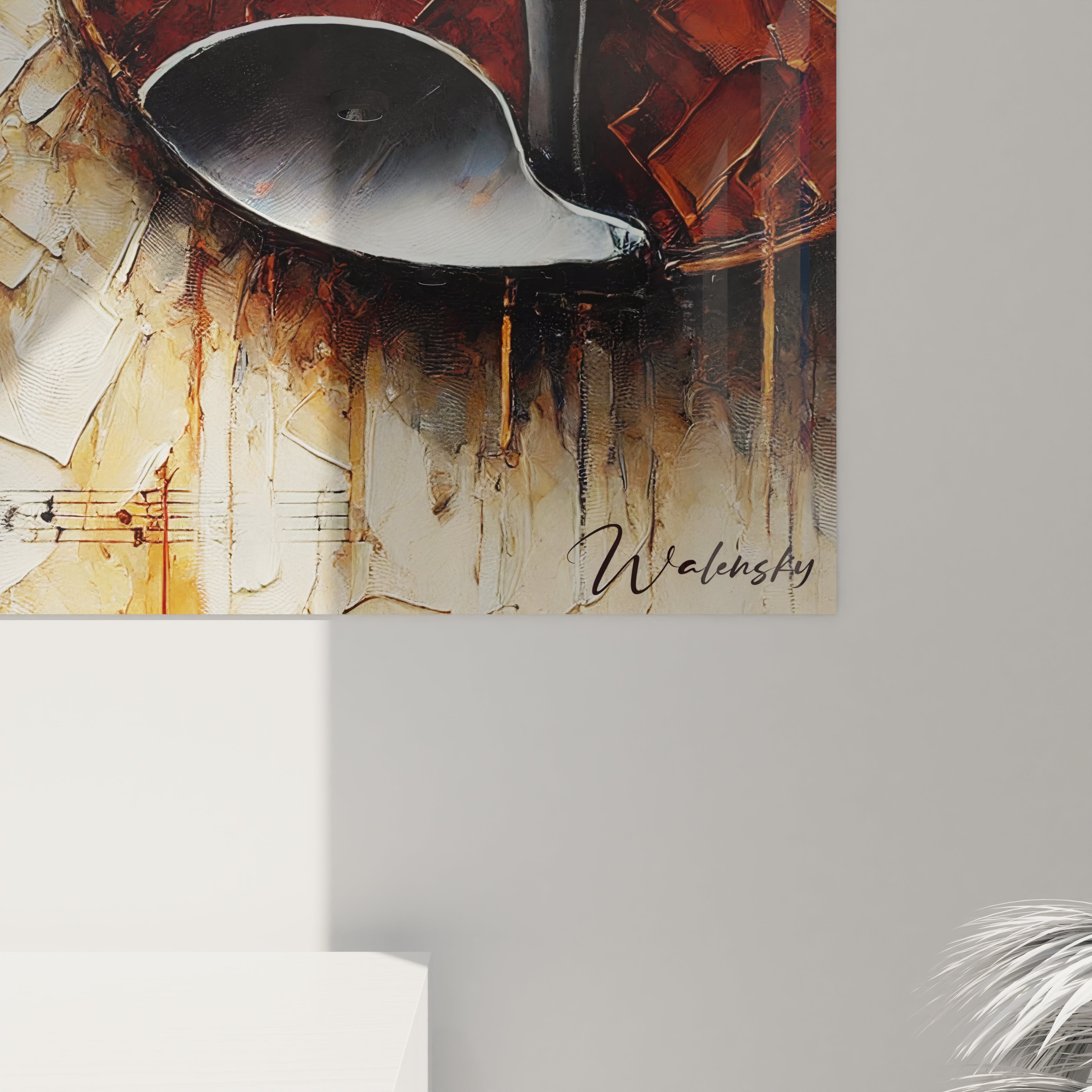 Zoom sur "Vibrations d'Ambre" : les détails du violon et de la texture au couteau ressortent, avec ses teintes brunes et crème. Une œuvre qui fusionne art visuel et musical. 🎻✨


