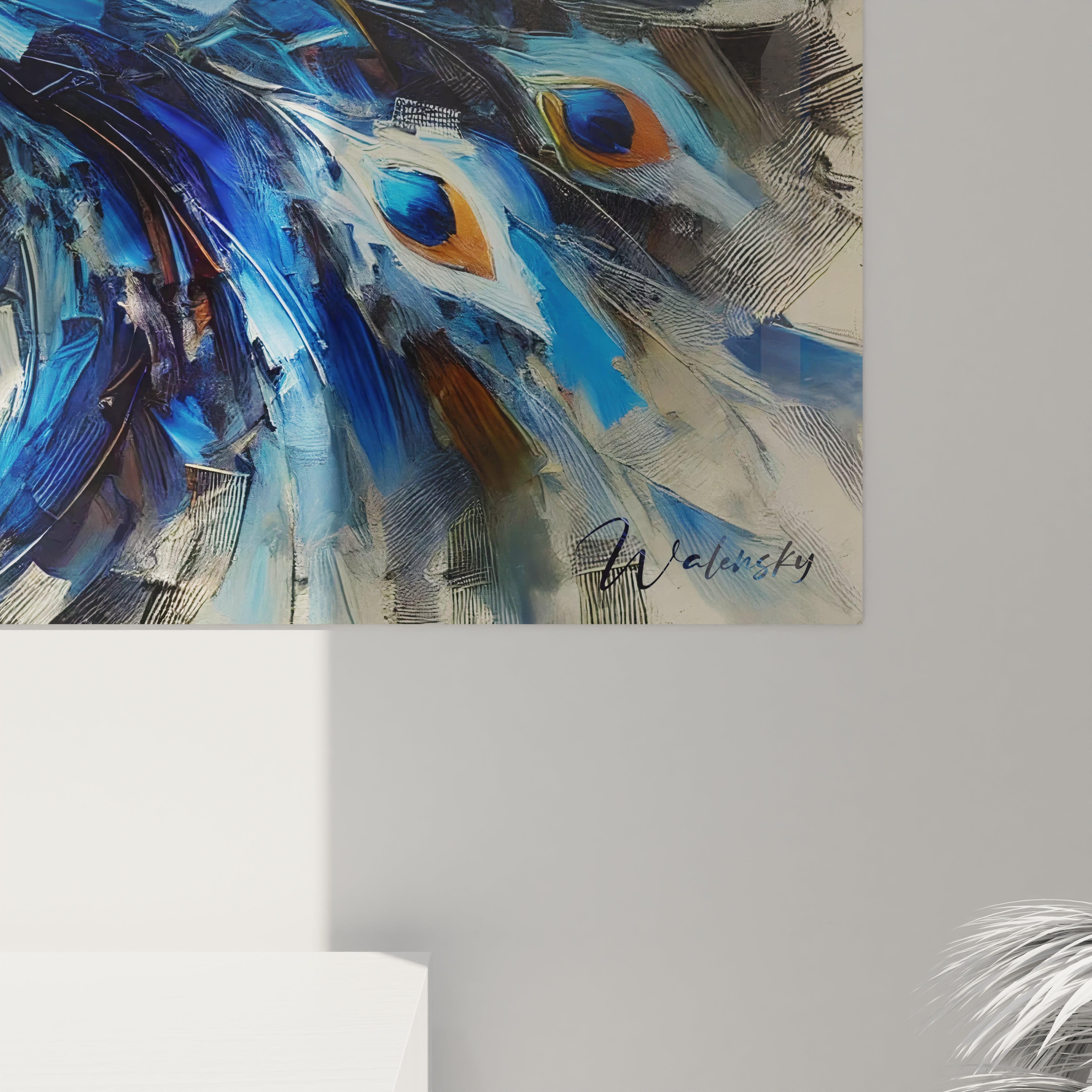 Admirez de près les détails minutieux de ce tableau paon, chaque plume peinte avec précision. Les textures et couleurs vives offrent une expérience visuelle unique pour enrichir votre espace intérieur.