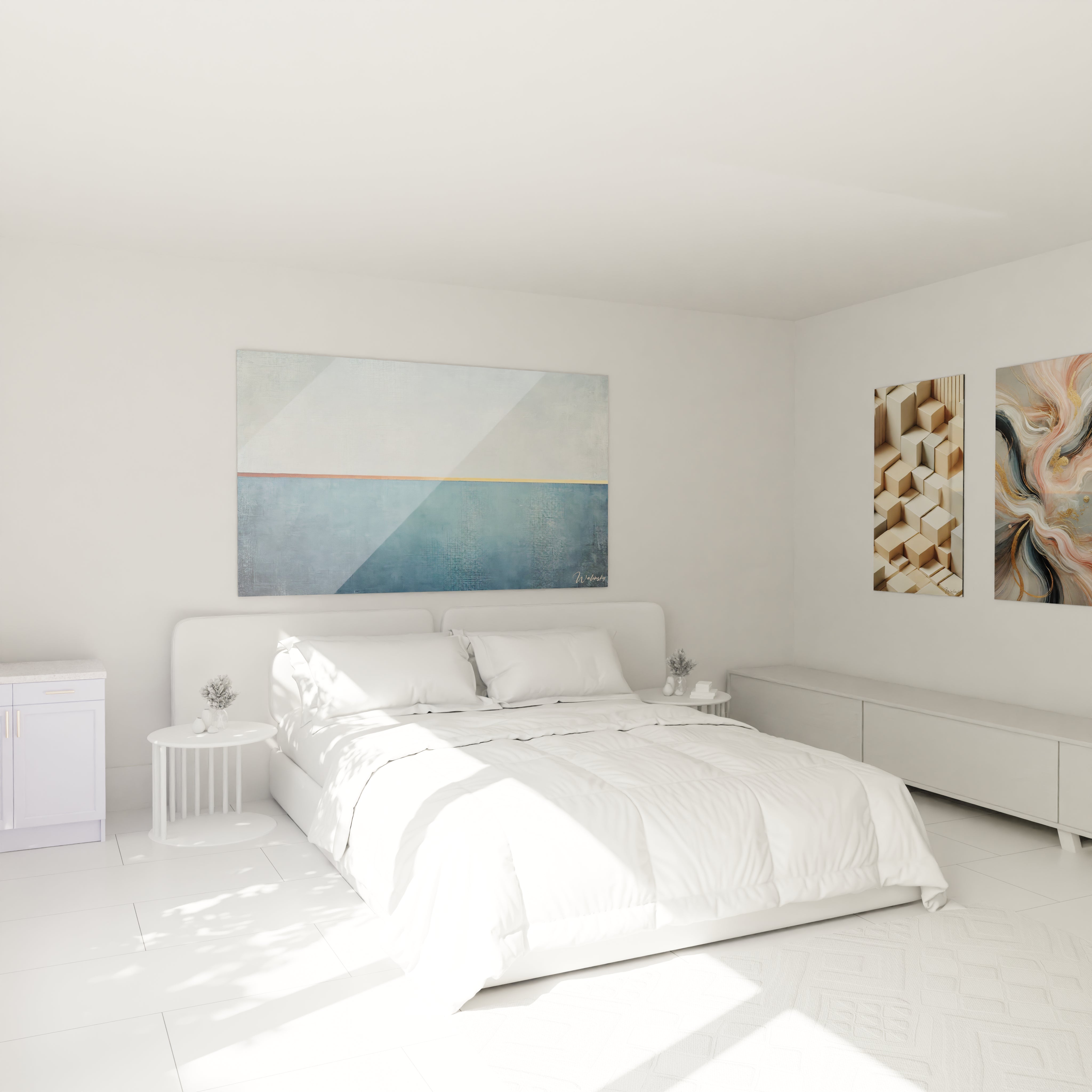 Apportez une touche de sérénité à votre chambre avec "Horizons Divisés", un tableau minimaliste aux teintes douces, créant un espace apaisant et équilibré au-dessus du lit.