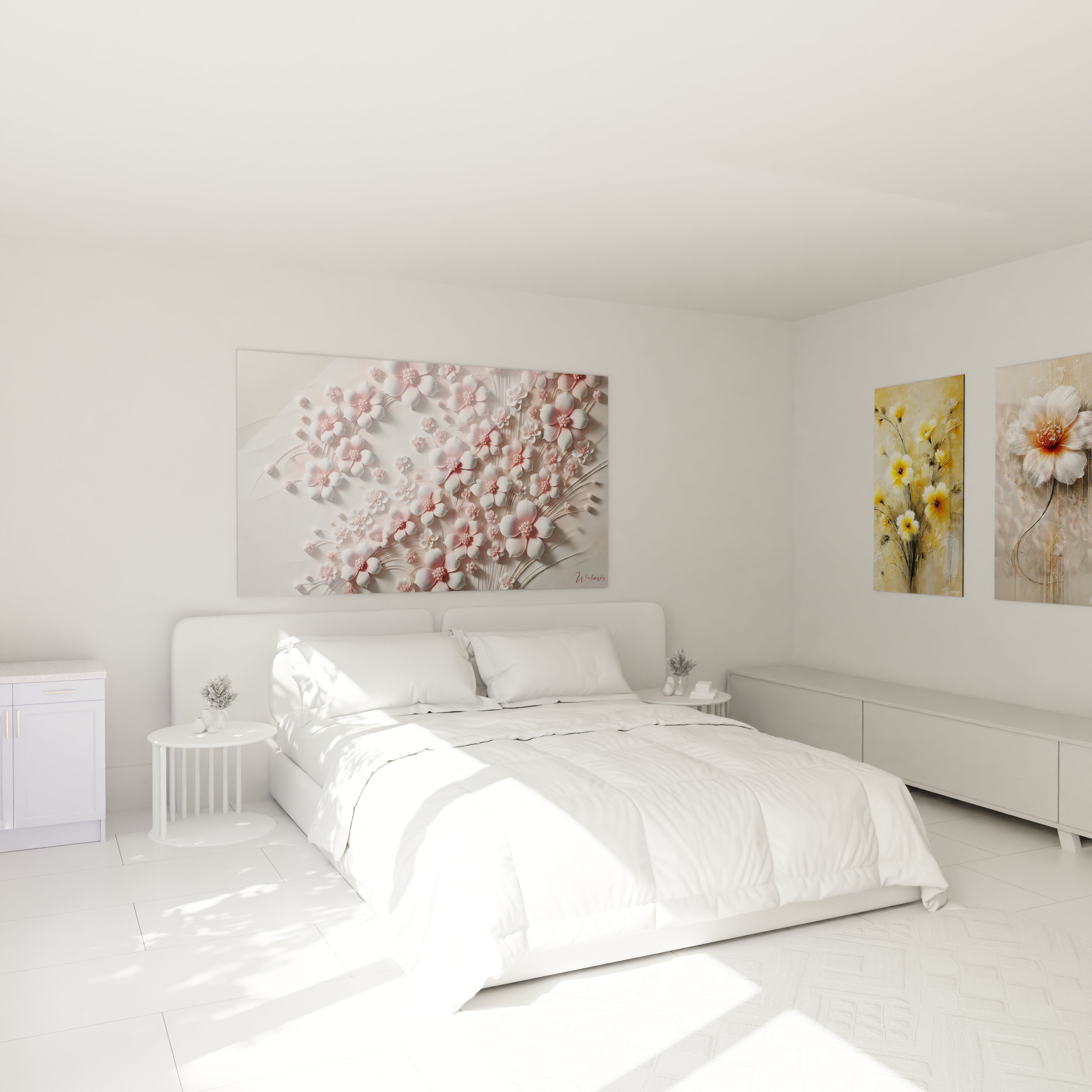 Le tableau "Jardin de Porcelaine" apportant une touche de douceur et de sophistication à la chambre, accroché au-dessus du lit. Fleurs stylisées en rose délicat sur fond neutre.