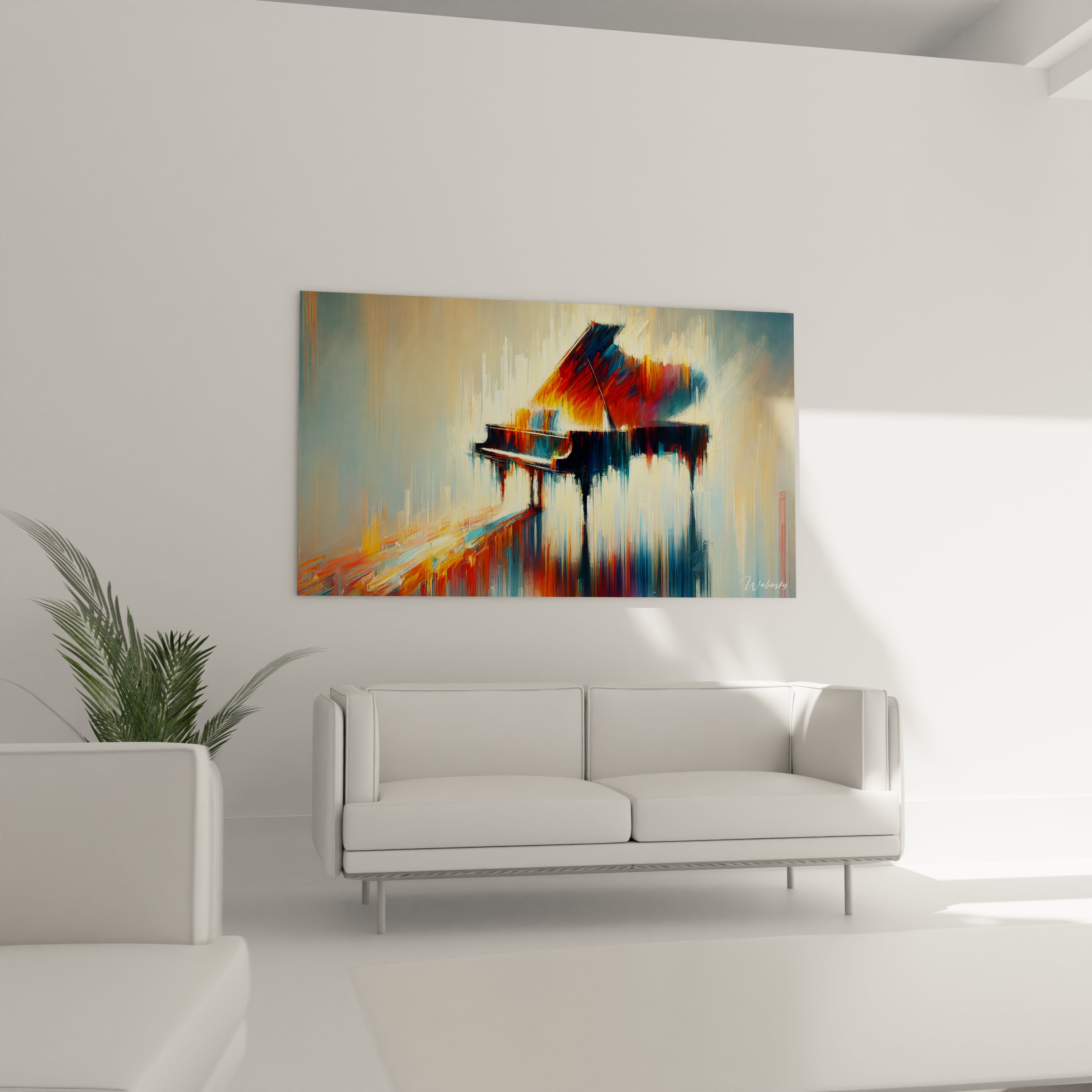 Ce tableau "Piano Rêveur" illuminant le salon. Les couleurs vibrantes et le jeu d'ombres créent une présence musicale unique, apportant de la profondeur à l'espace.

