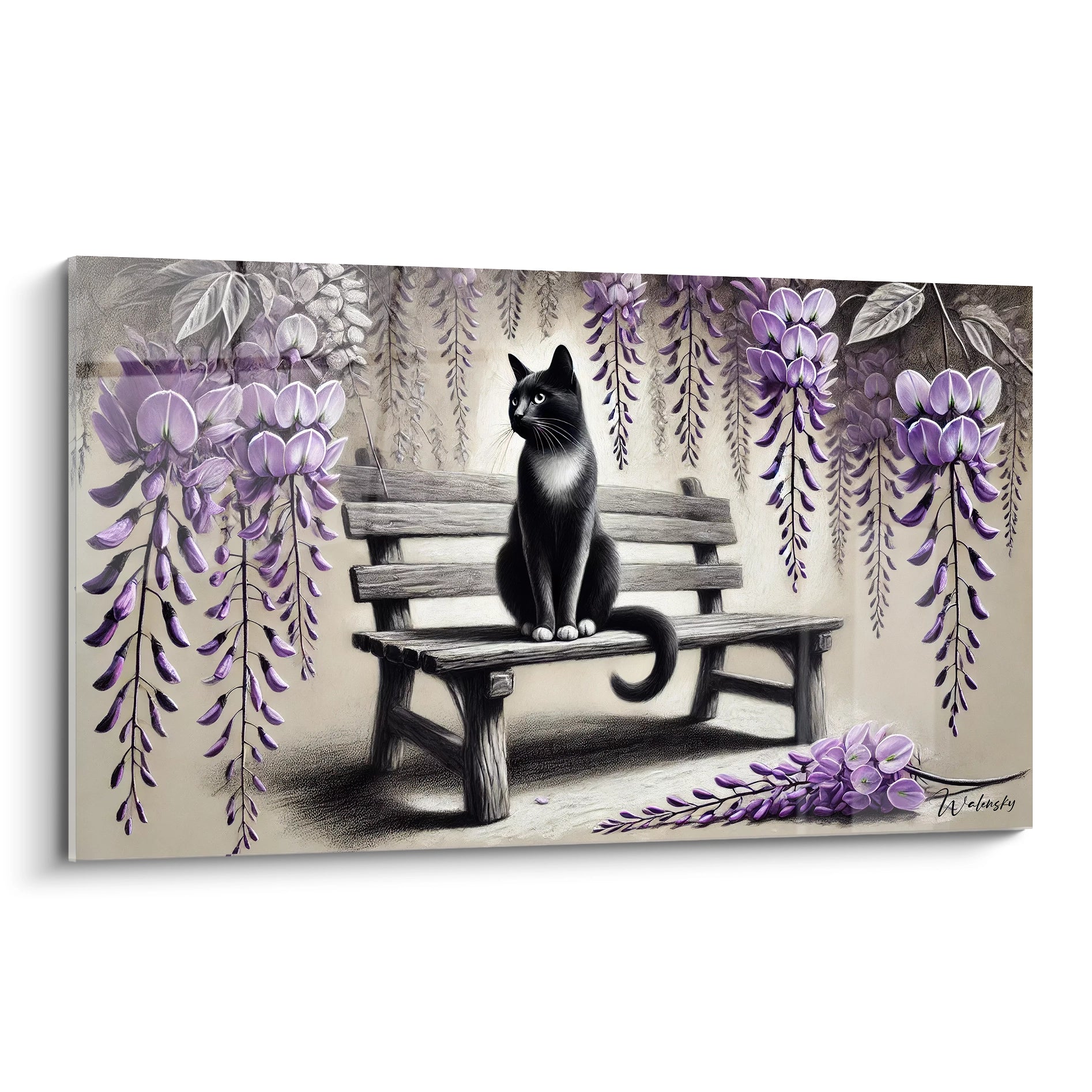 Vue de biais d'un tableau chat representant un chat noir et blanc entoure de fleurs de glycines violettes, parfait pour une decoration elegante et apaisante.