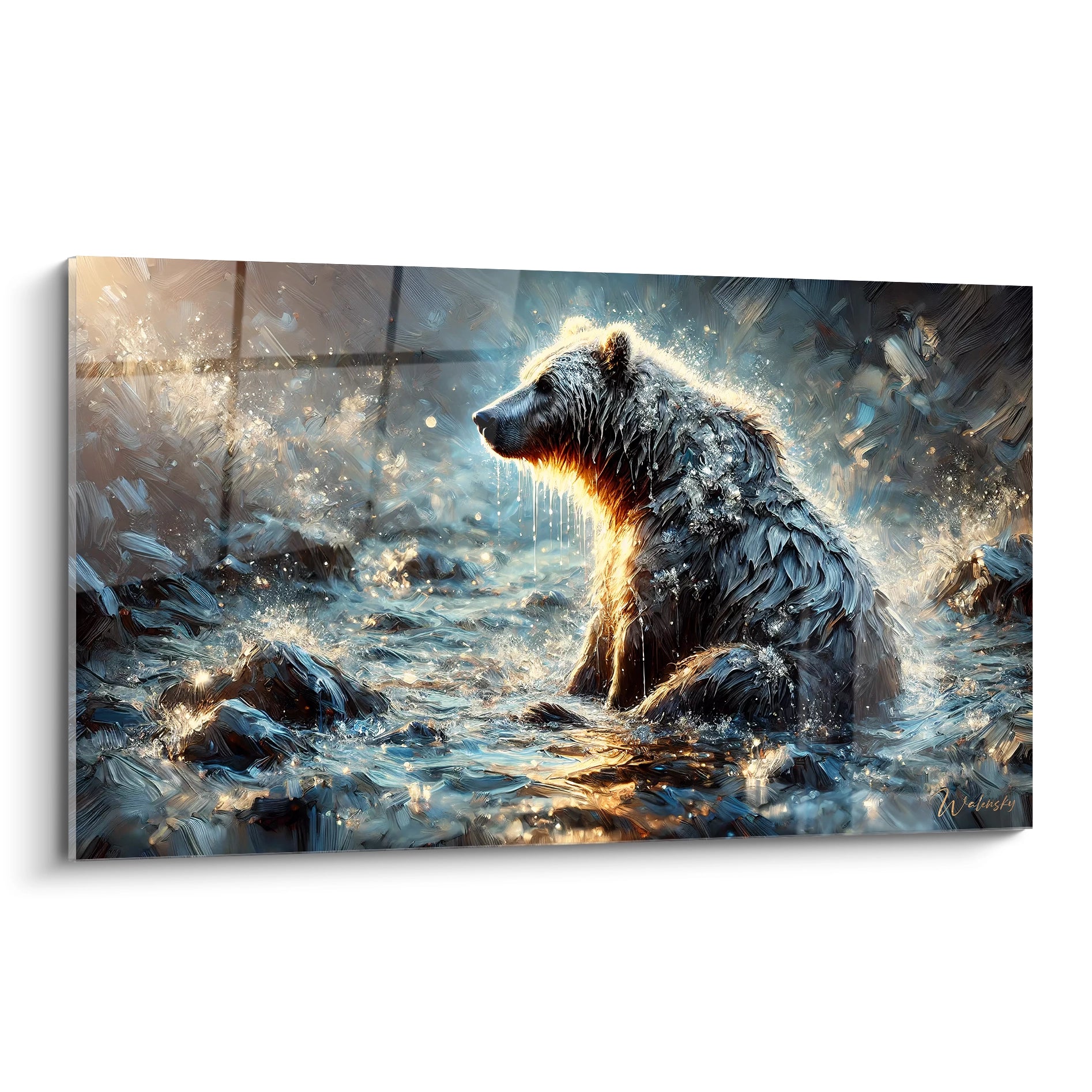 Admirez le tableau ours brun sous un angle artistique. La scene capture l’ours majestueux, illumine par une lumiere doree, en harmonie avec la puissance des eaux tumultueuses autour de lui.

