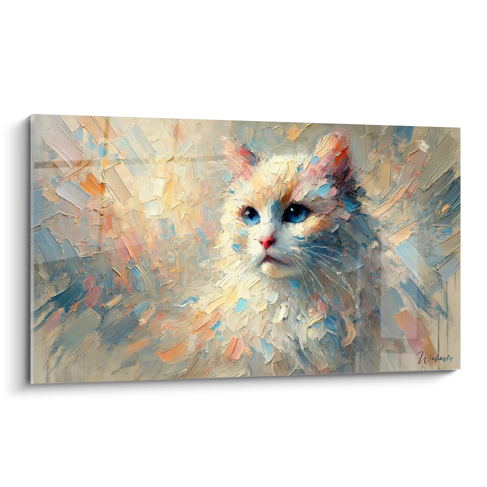  Ce tableau chat abstrait est présenté en biais, dévoilant des coups de pinceau vibrants et texturés. Ses nuances pastel de bleu, rose et jaune illuminent l'œuvre, apportant douceur et dynamisme.