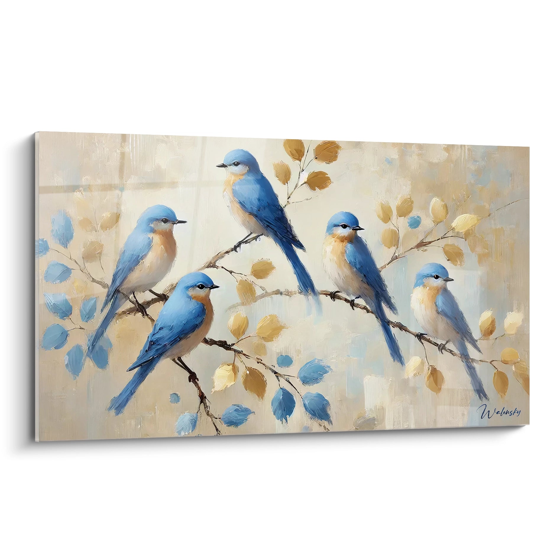 "Ce tableau oiseaux offre une scene sereine avec cinq oiseaux aux nuances bleues et orange. Vu de biais, il revele une harmonie parfaite grace aux contrastes subtils et aux branches colorees."

